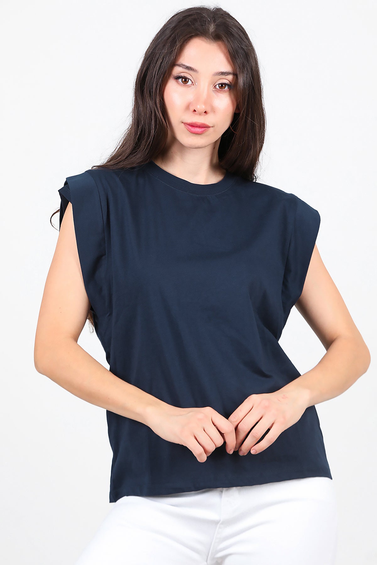 Kadın Çift Kat Kol Bisiklet Yaka T-Shirt Lacivert