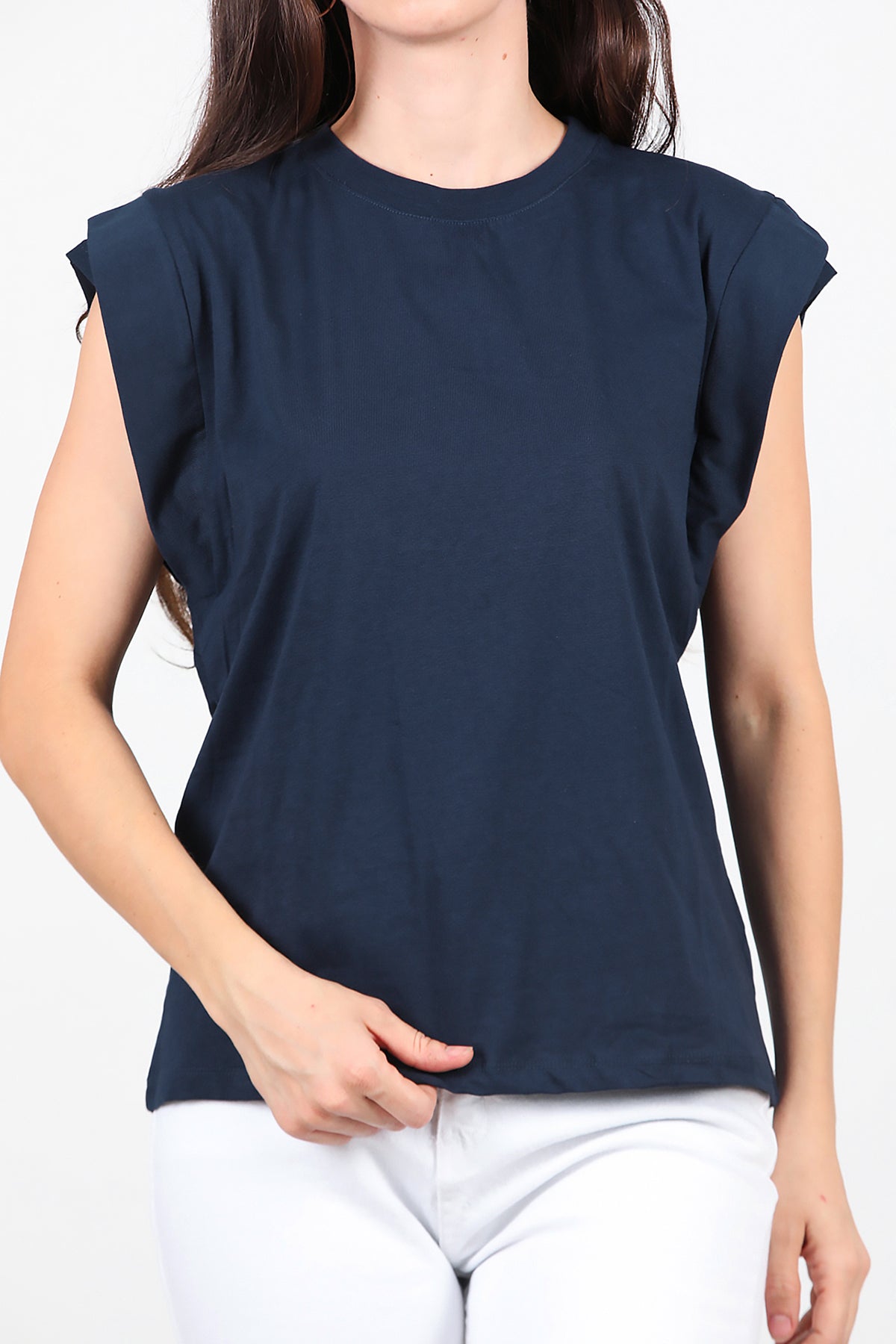 Kadın Çift Kat Kol Bisiklet Yaka T-Shirt Lacivert
