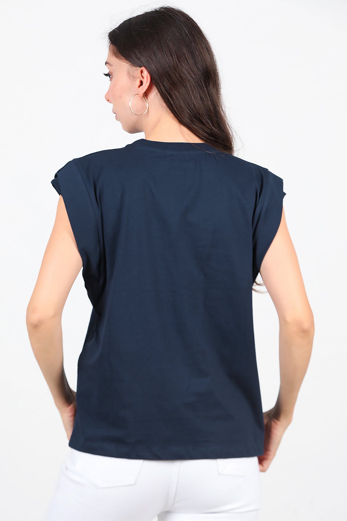 Kadın Çift Kat Kol Bisiklet Yaka T-Shirt Lacivert