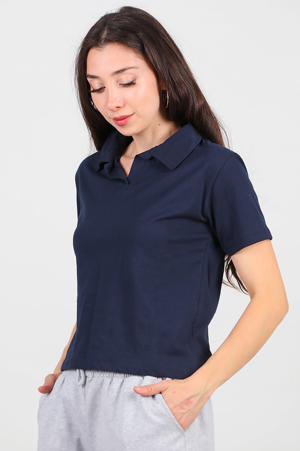 Kadın Yakalı T-Shirt Lacivert