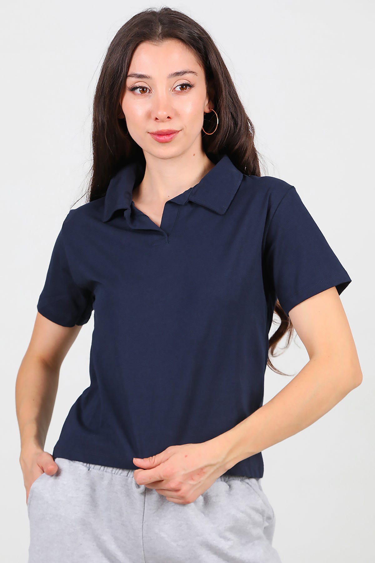Kadın Yakalı T-Shirt Lacivert