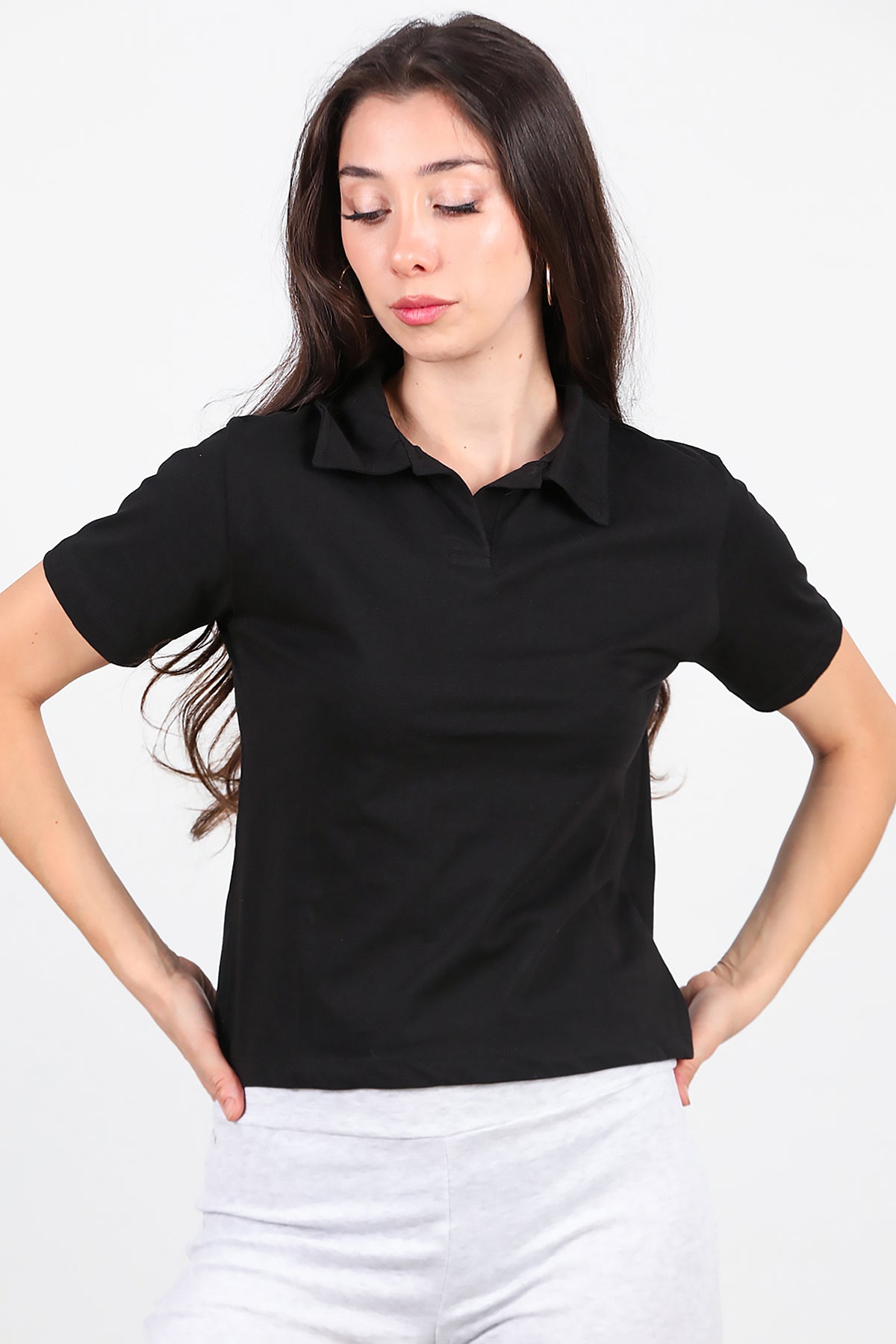 Kadın Yakalı T-Shirt Siyah