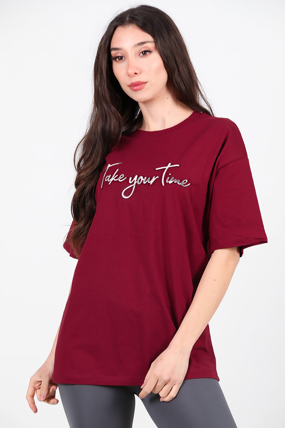 Kadın Ön Yazılı T-Shirt Bordo