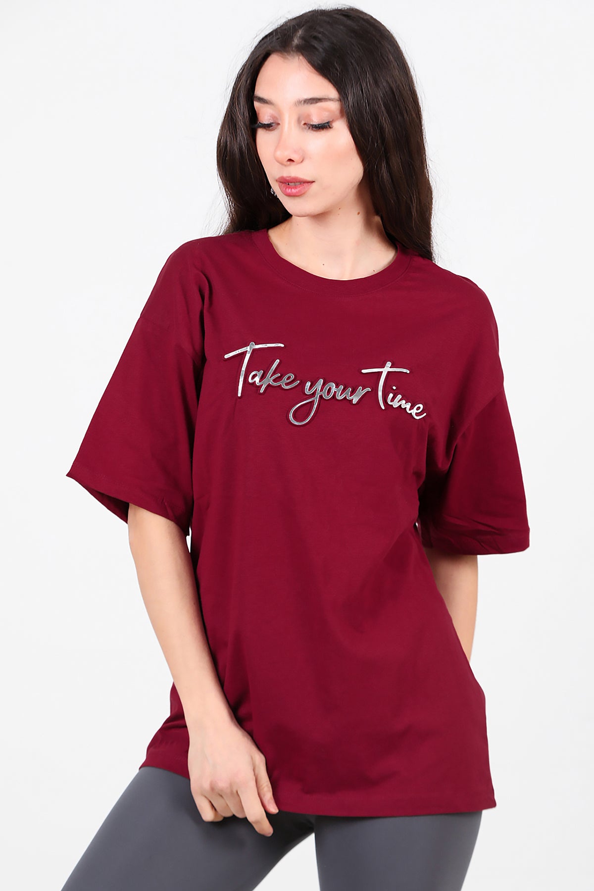 Kadın Ön Yazılı T-Shirt Bordo
