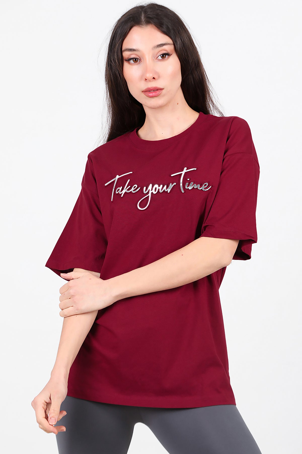 Kadın Ön Yazılı T-Shirt Bordo