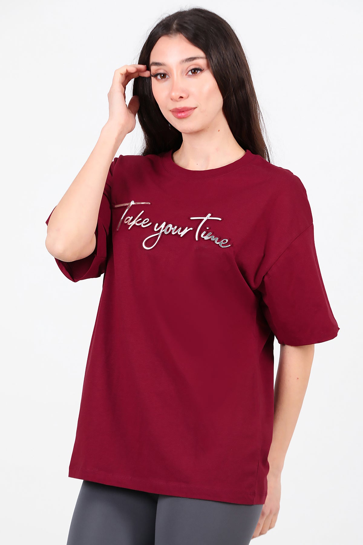 Kadın Ön Yazılı T-Shirt Bordo