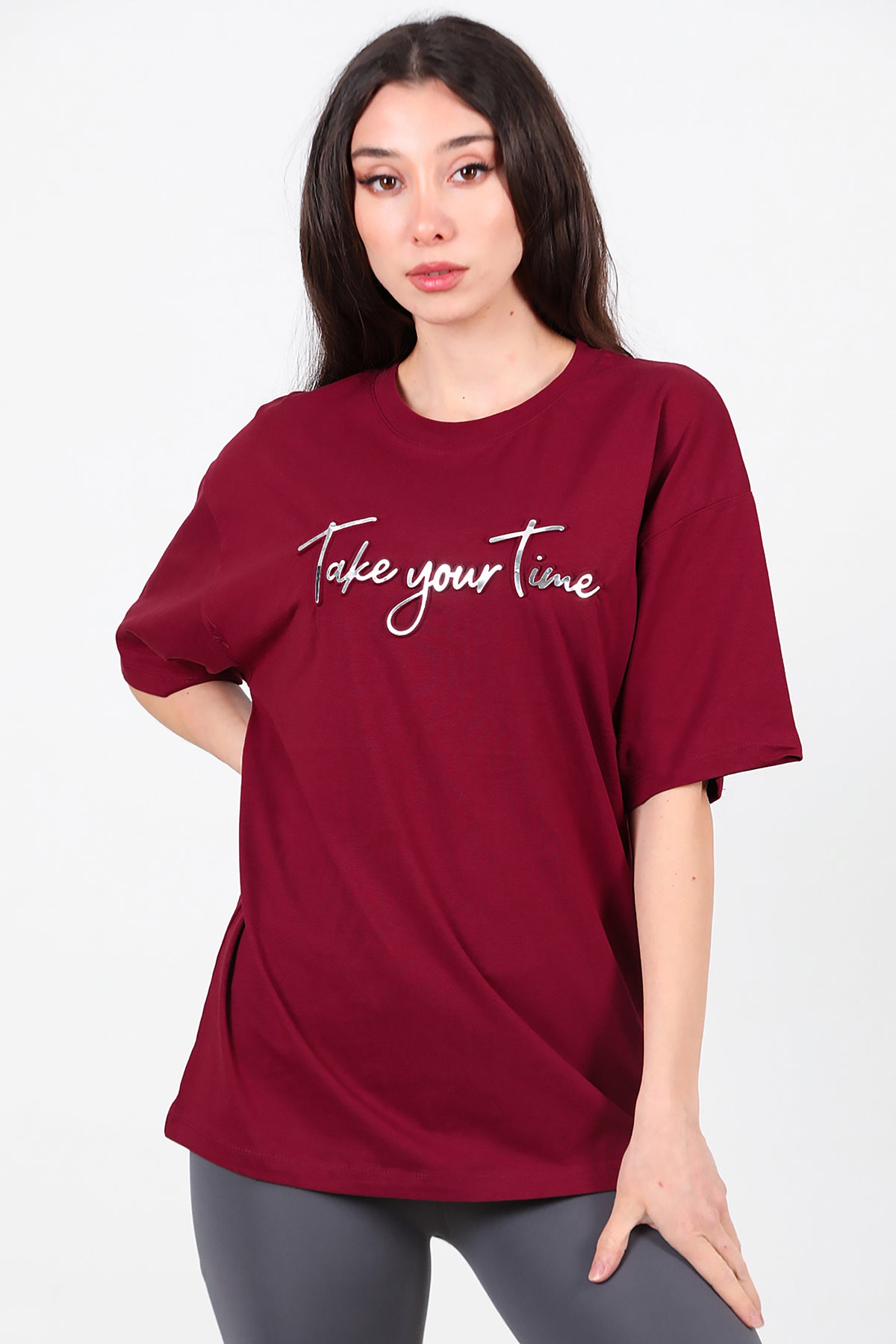 Kadın Ön Yazılı T-Shirt Bordo