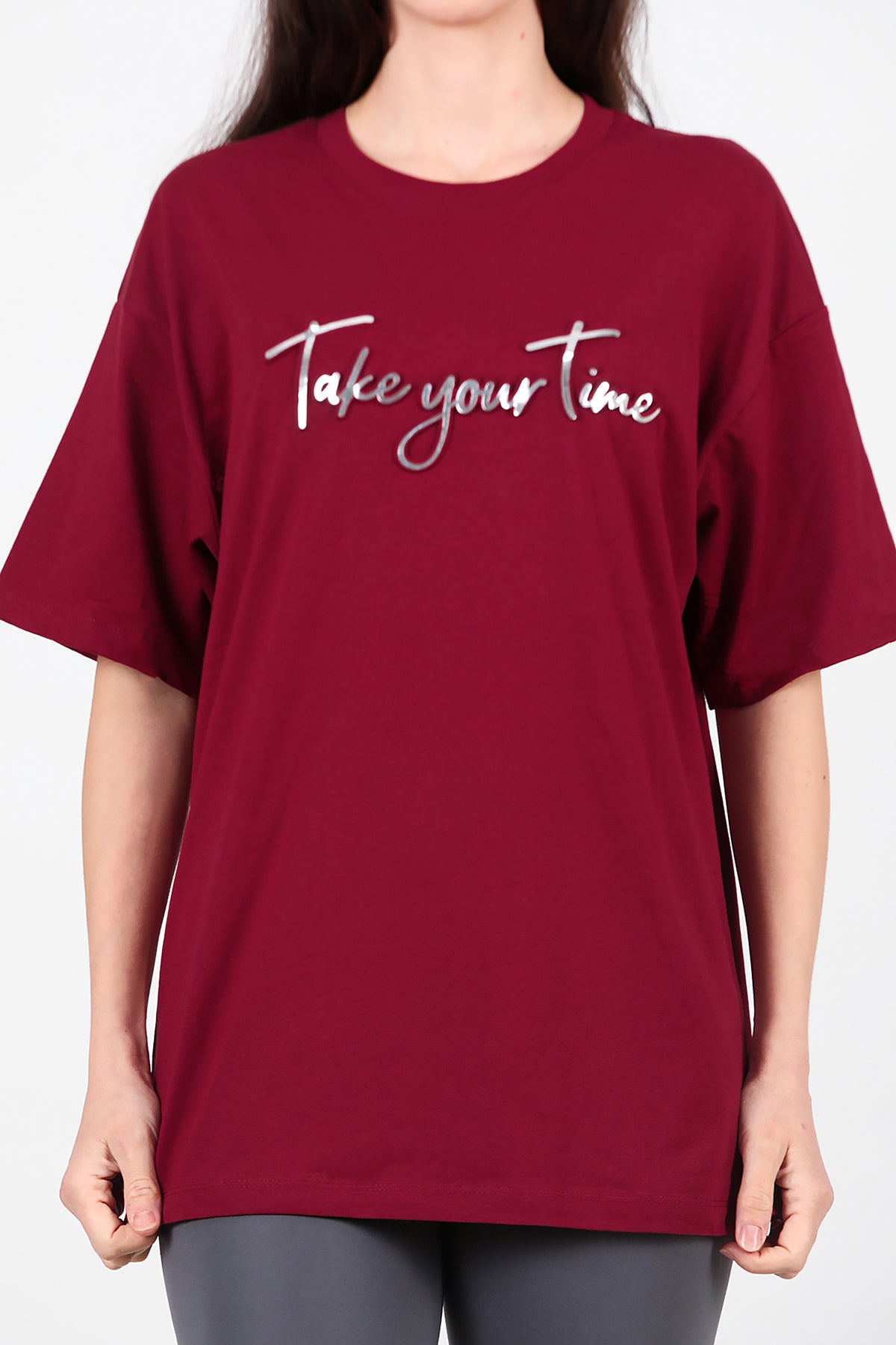 Kadın Ön Yazılı T-Shirt Bordo