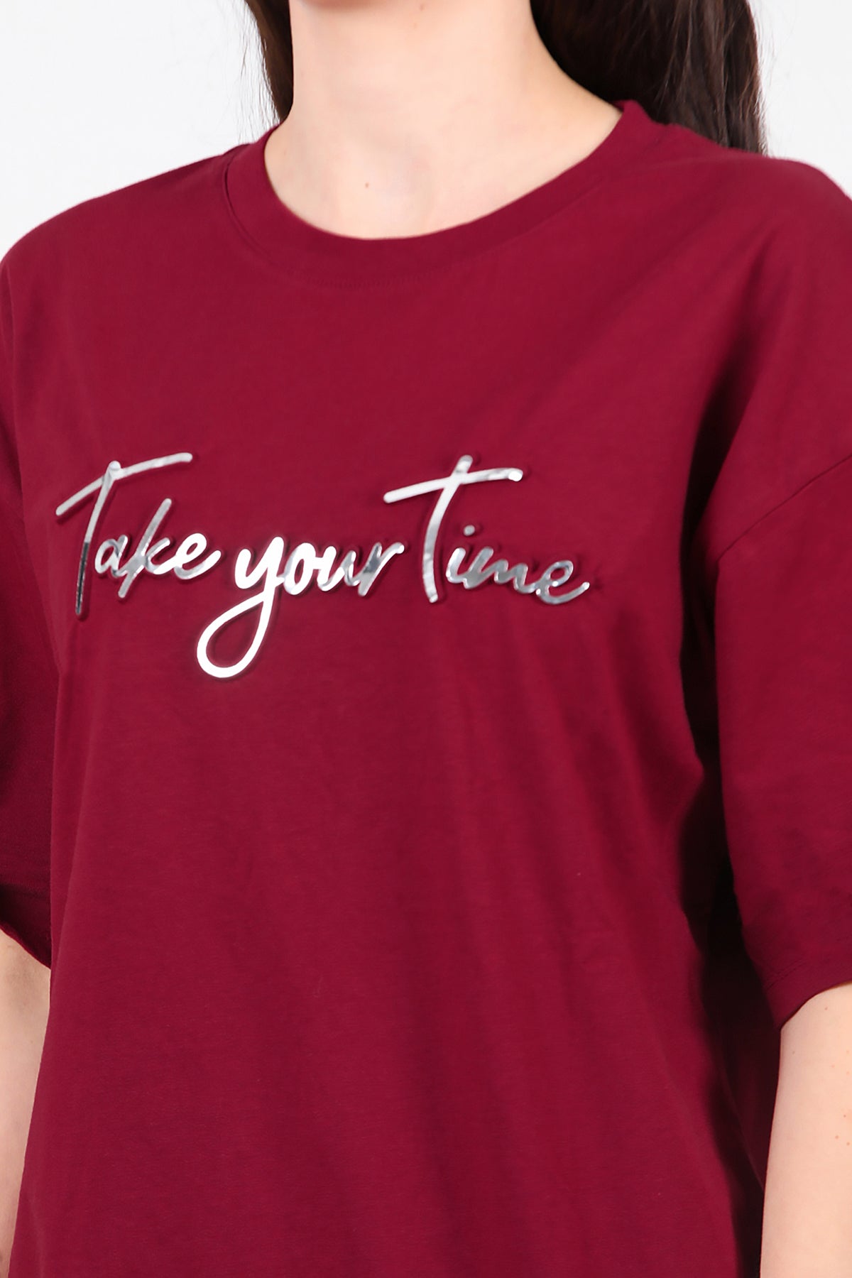 Kadın Ön Yazılı T-Shirt Bordo