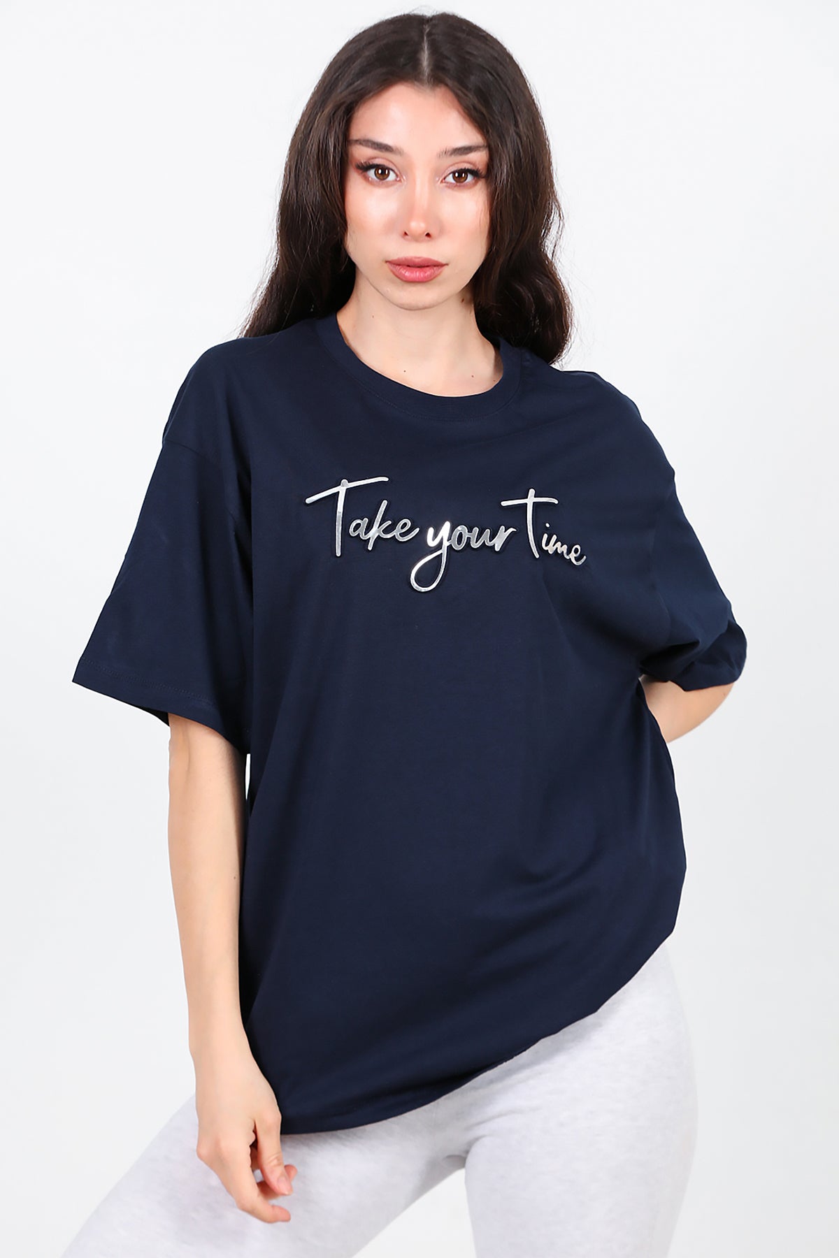 Kadın Ön Yazılı T-Shirt Lacivert
