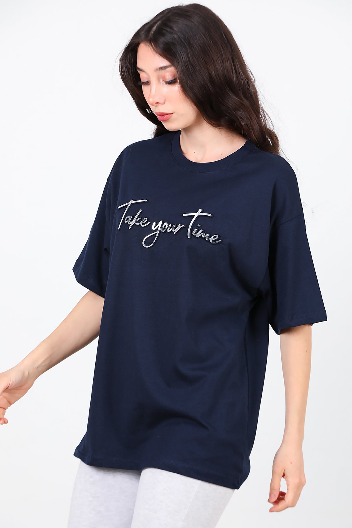 Kadın Ön Yazılı T-Shirt Lacivert