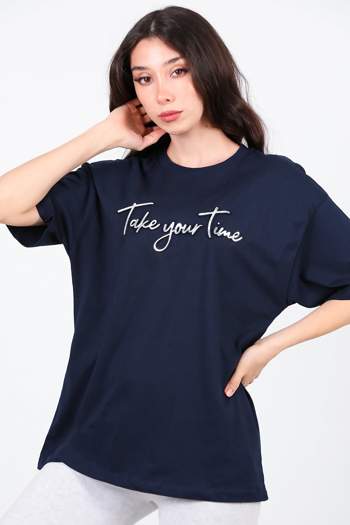 Kadın Ön Yazılı T-Shirt Lacivert