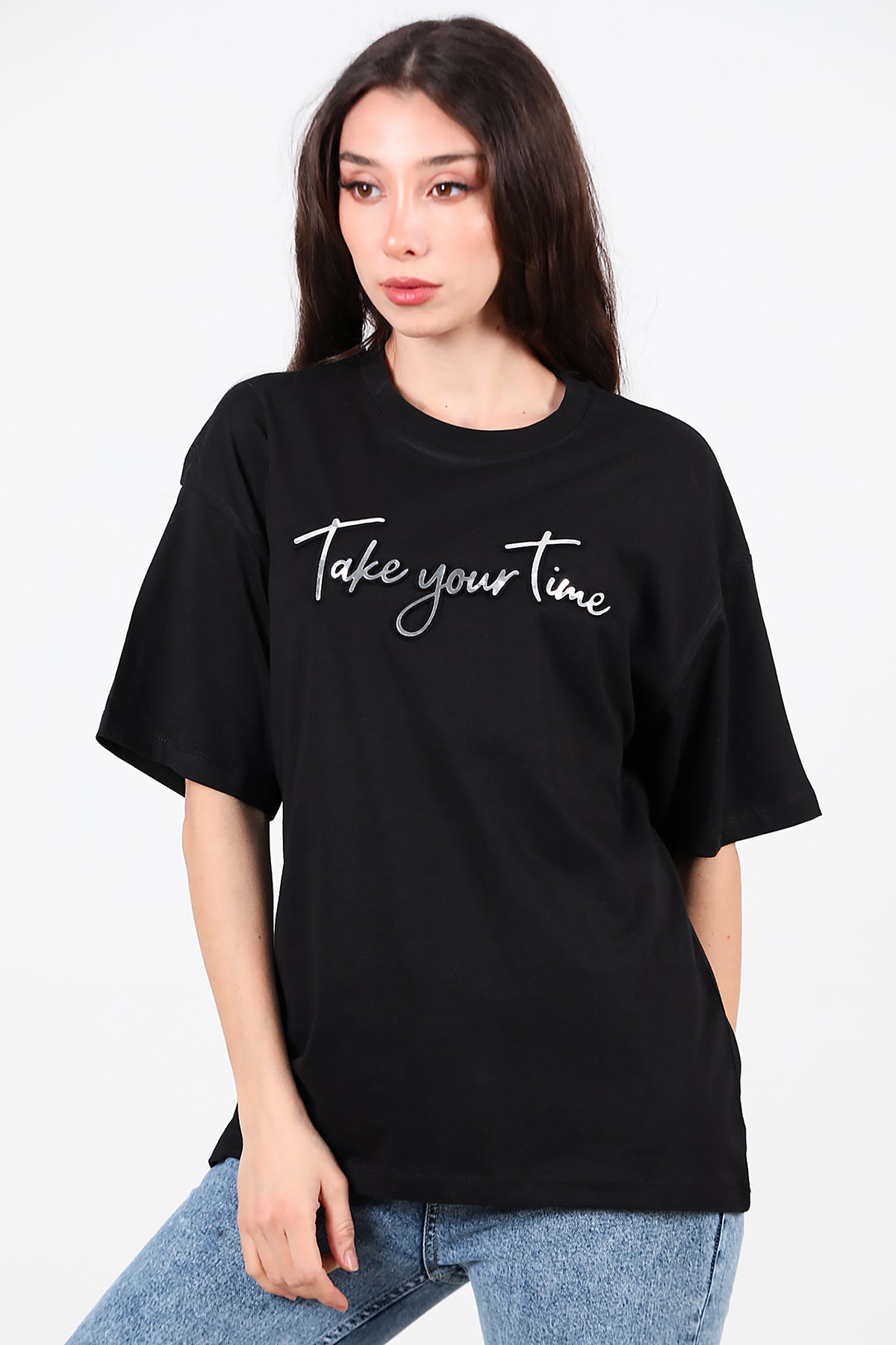 Kadın Ön Yazılı T-Shirt Siyah