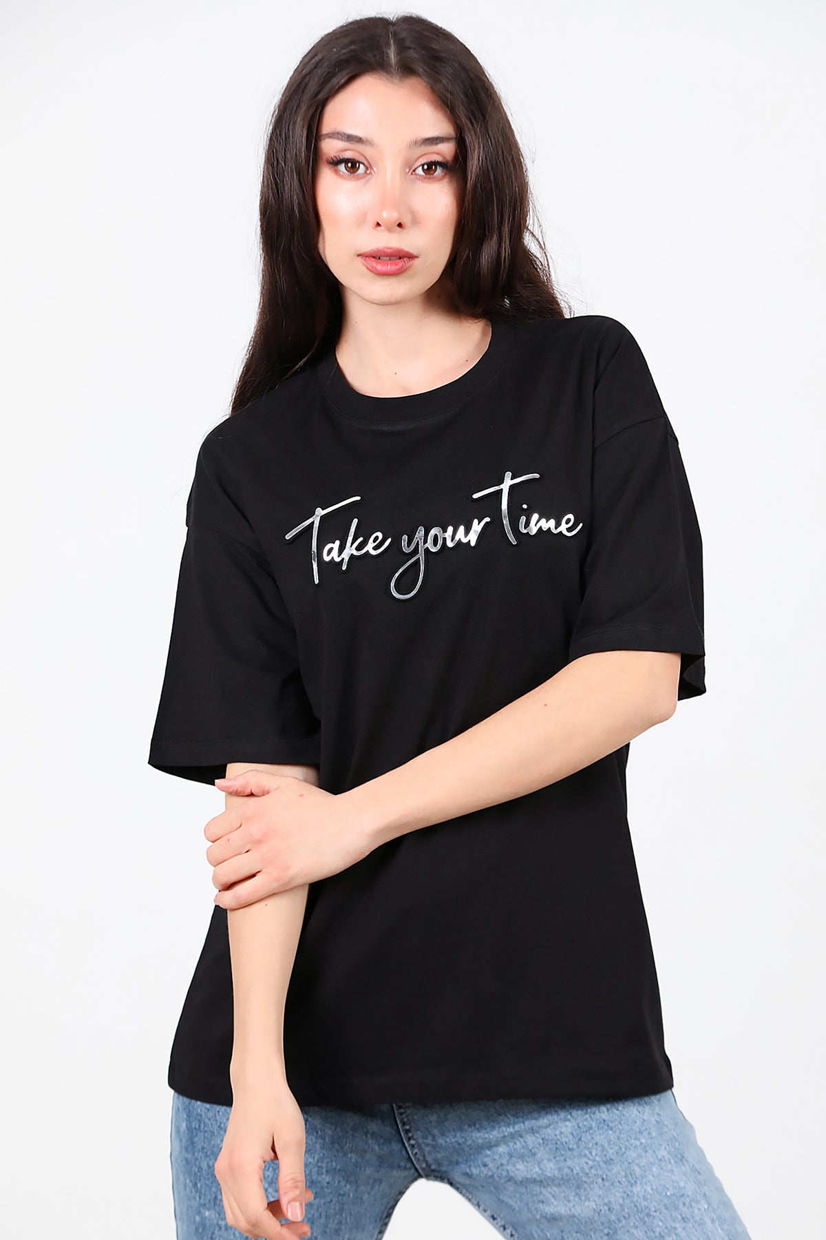 Kadın Ön Yazılı T-Shirt Siyah