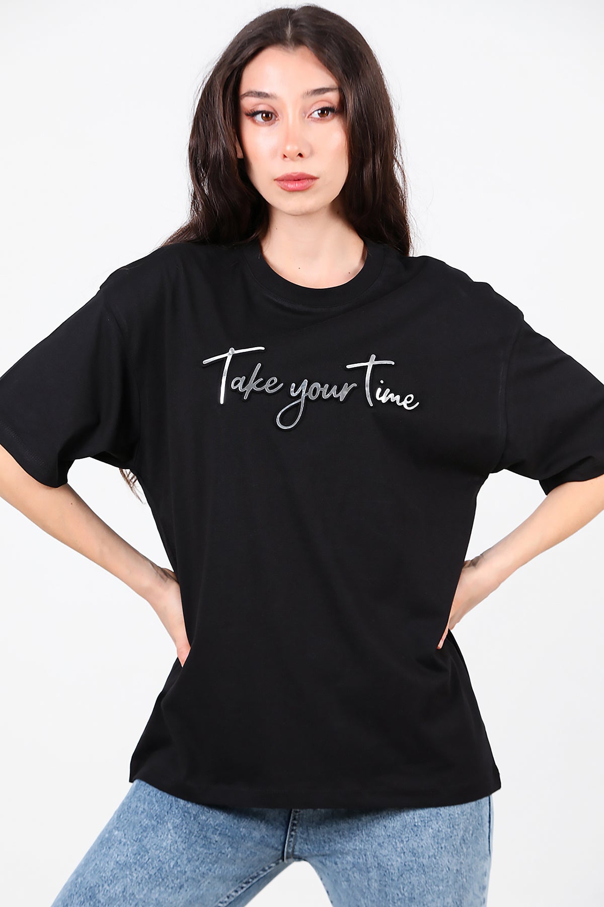 Kadın Ön Yazılı T-Shirt Siyah