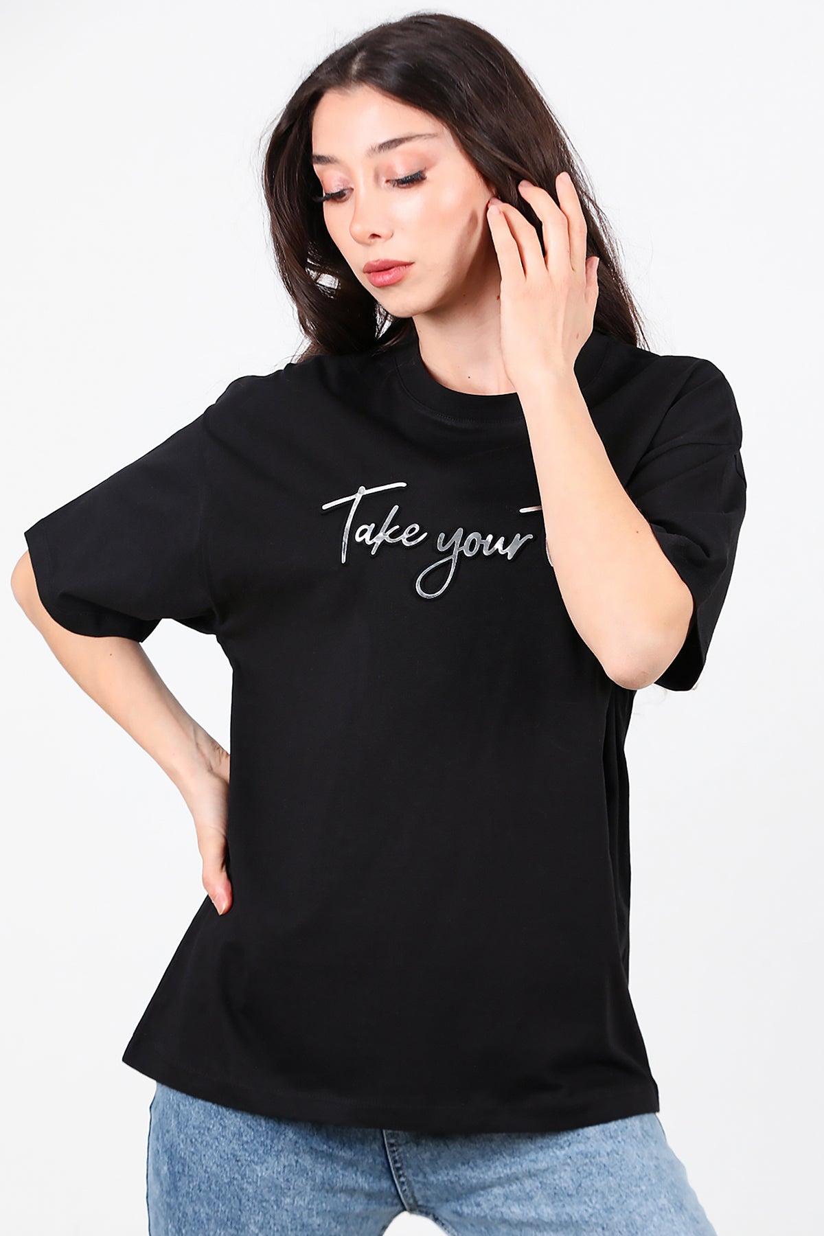 Kadın Ön Yazılı T-Shirt Siyah