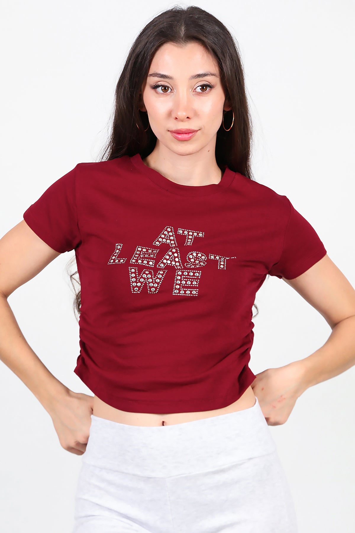 Kadın Yan Büzgülü Taş İşlemeli T-Shirt Bordo