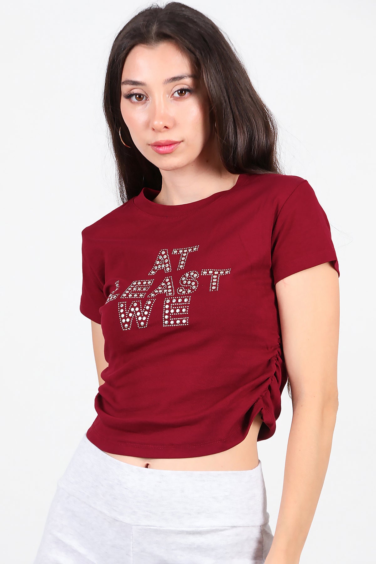 Kadın Yan Büzgülü Taş İşlemeli T-Shirt Bordo