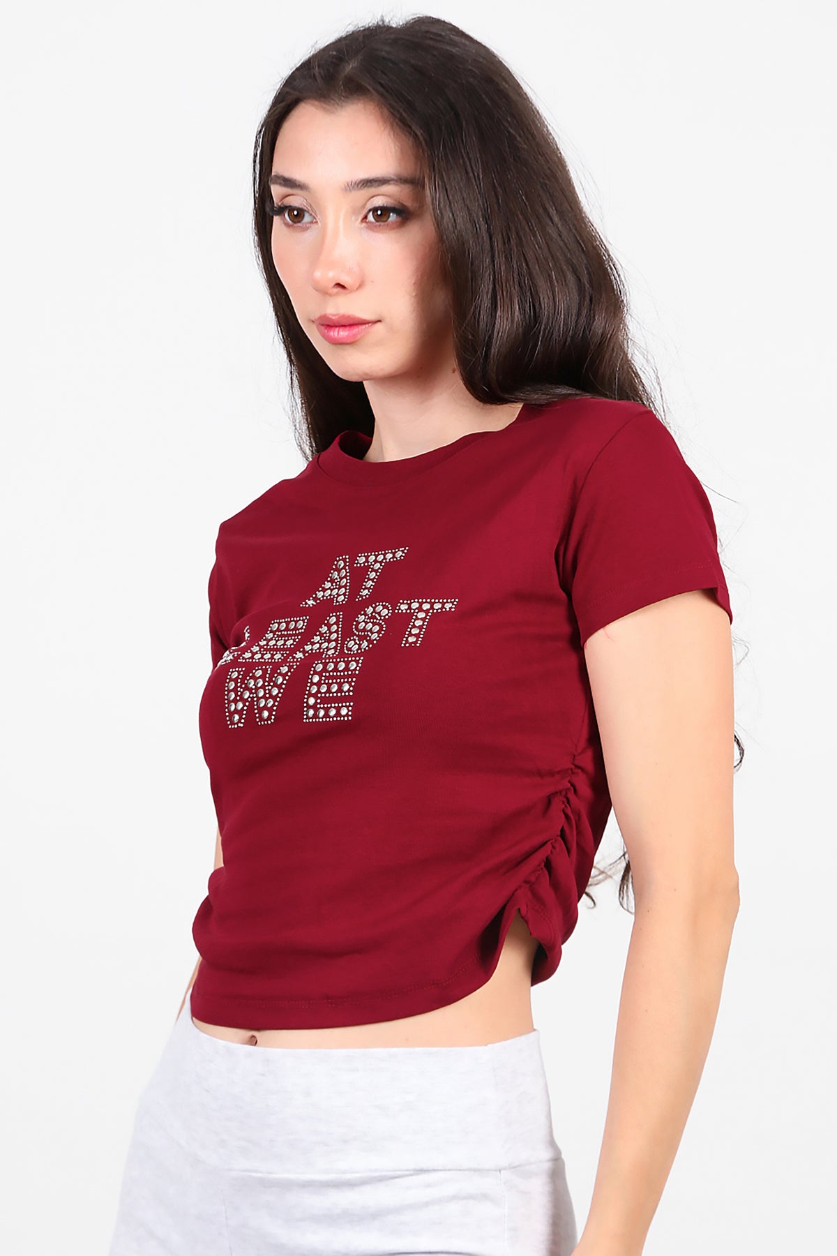 Kadın Yan Büzgülü Taş İşlemeli T-Shirt Bordo