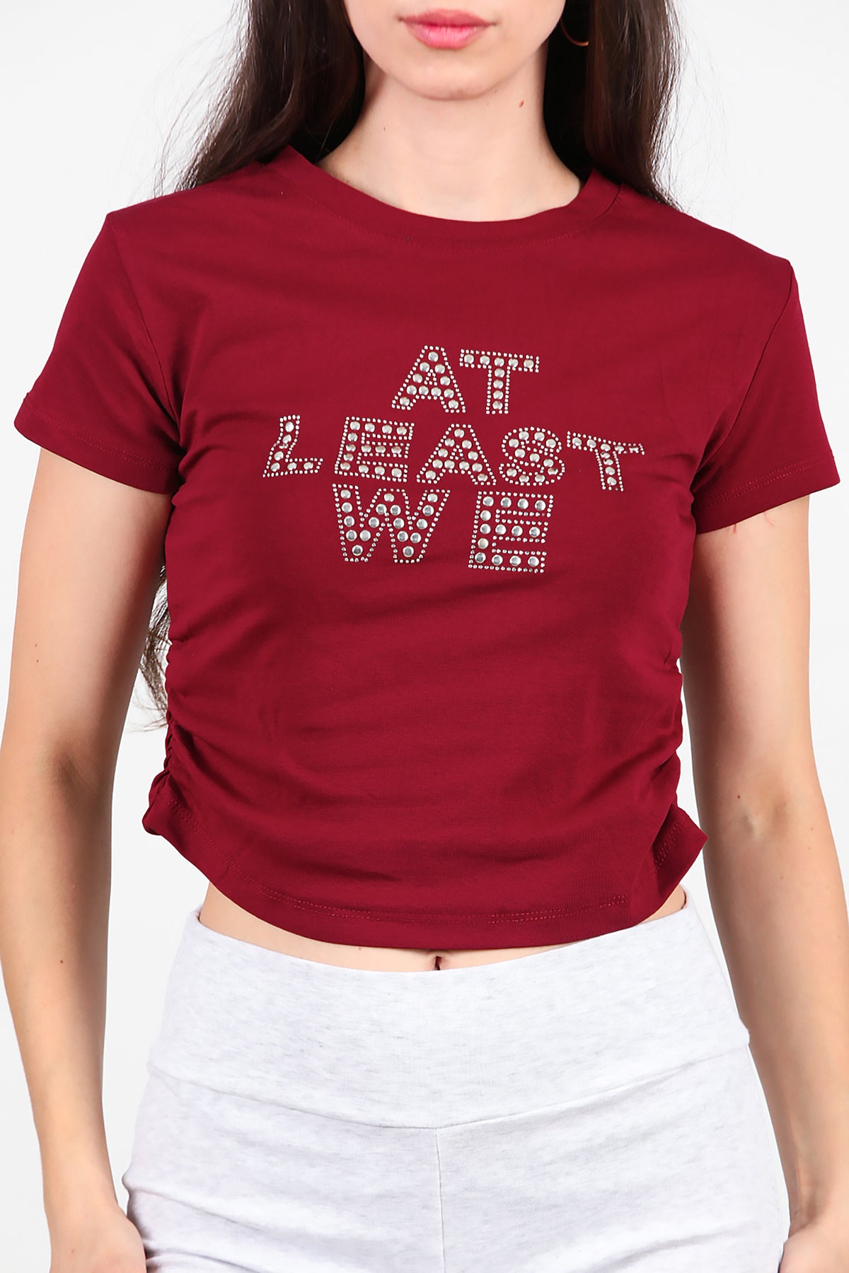Kadın Yan Büzgülü Taş İşlemeli T-Shirt Bordo