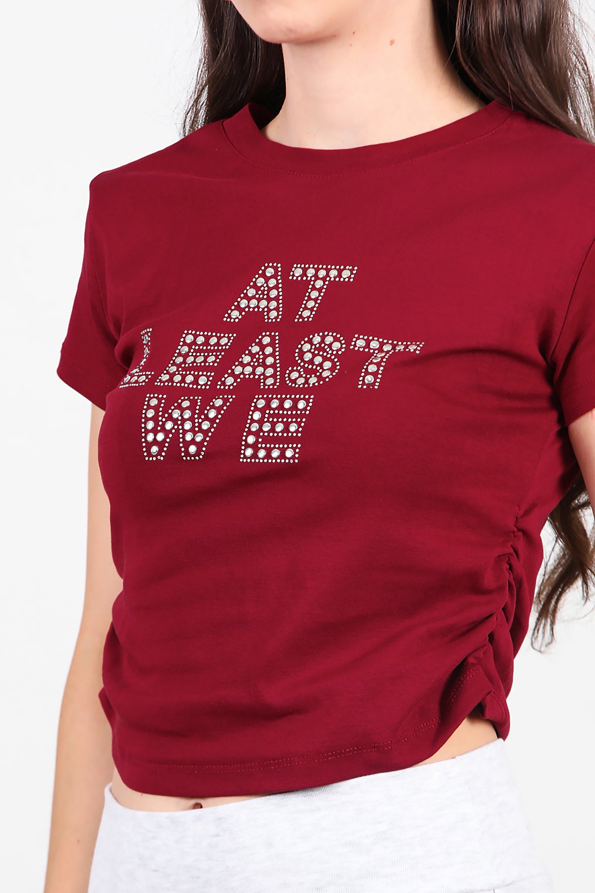Kadın Yan Büzgülü Taş İşlemeli T-Shirt Bordo