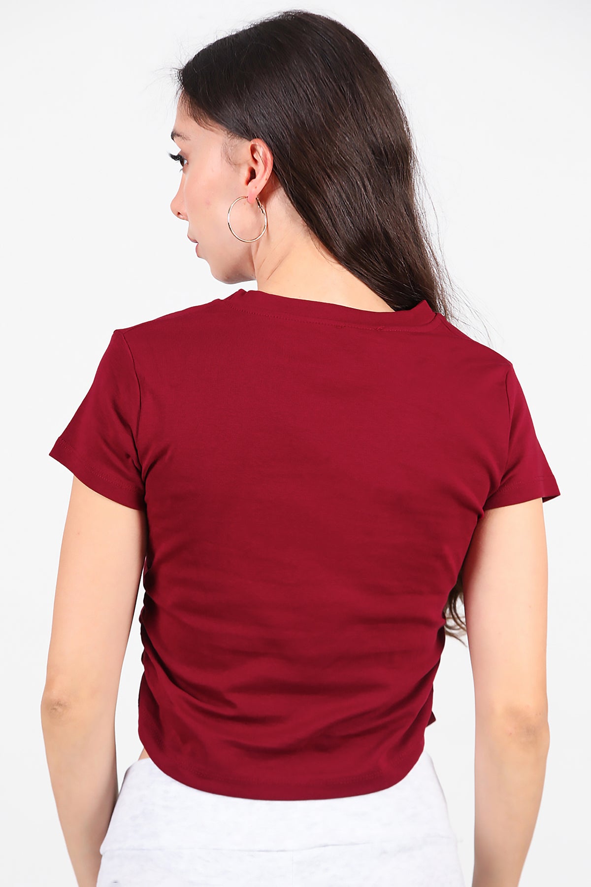 Kadın Yan Büzgülü Taş İşlemeli T-Shirt Bordo