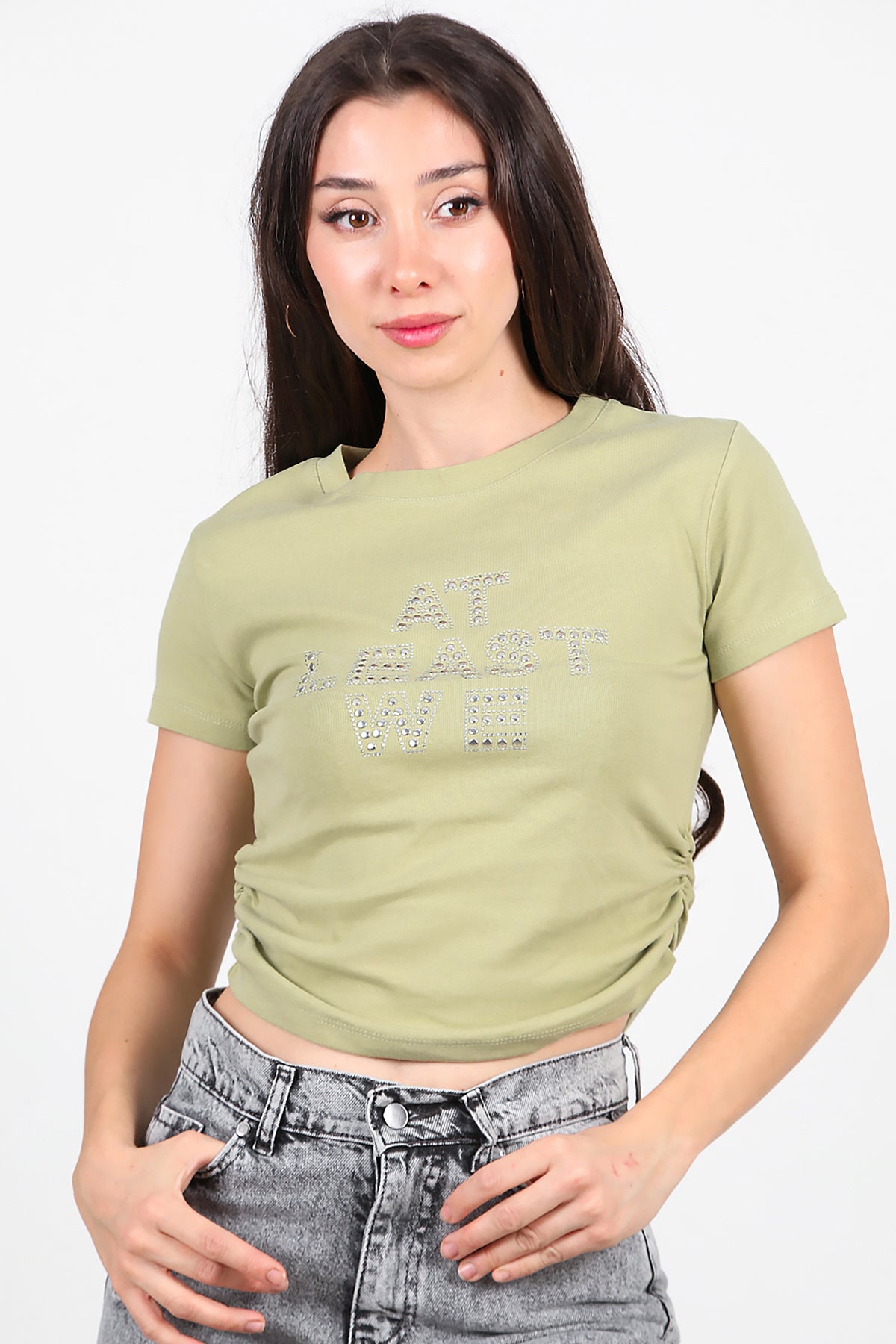 Kadın Yan Büzgülü Taş İşlemeli T-Shirt Haki