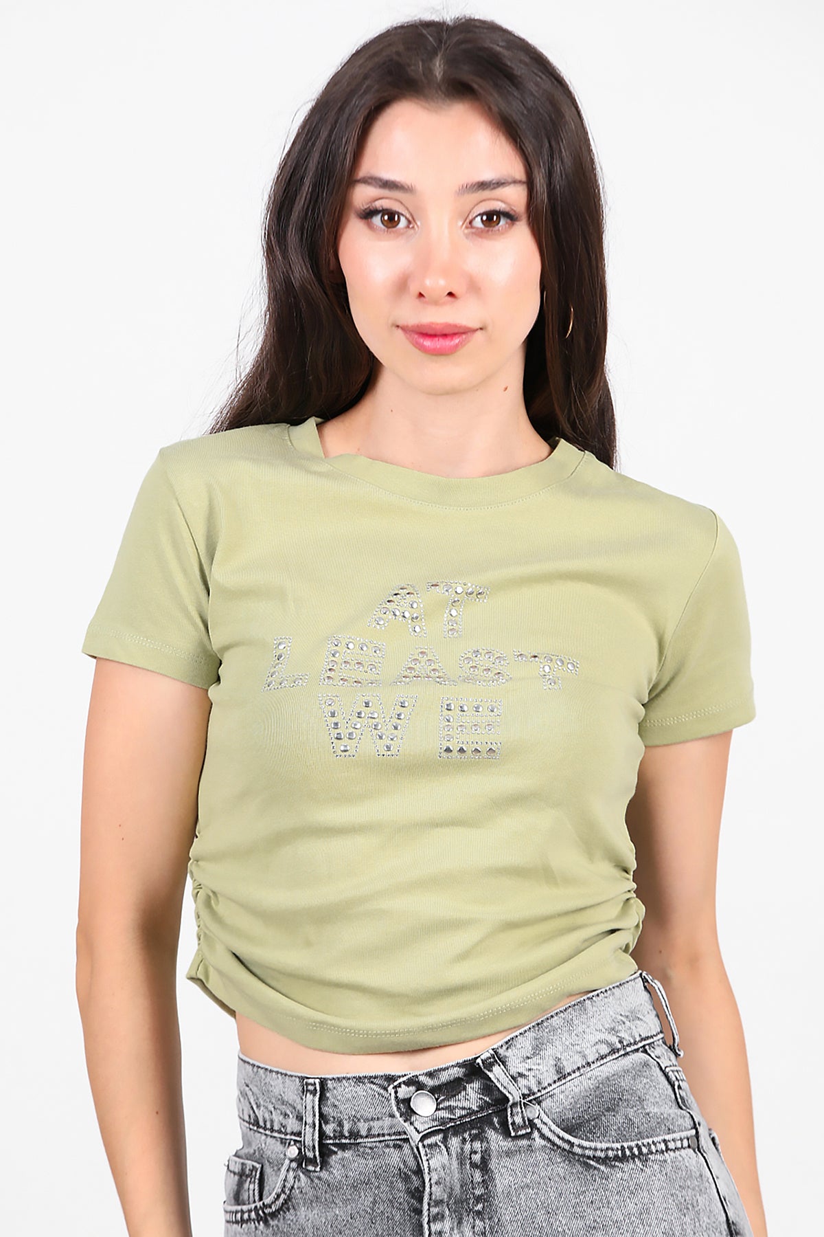 Kadın Yan Büzgülü Taş İşlemeli T-Shirt Haki