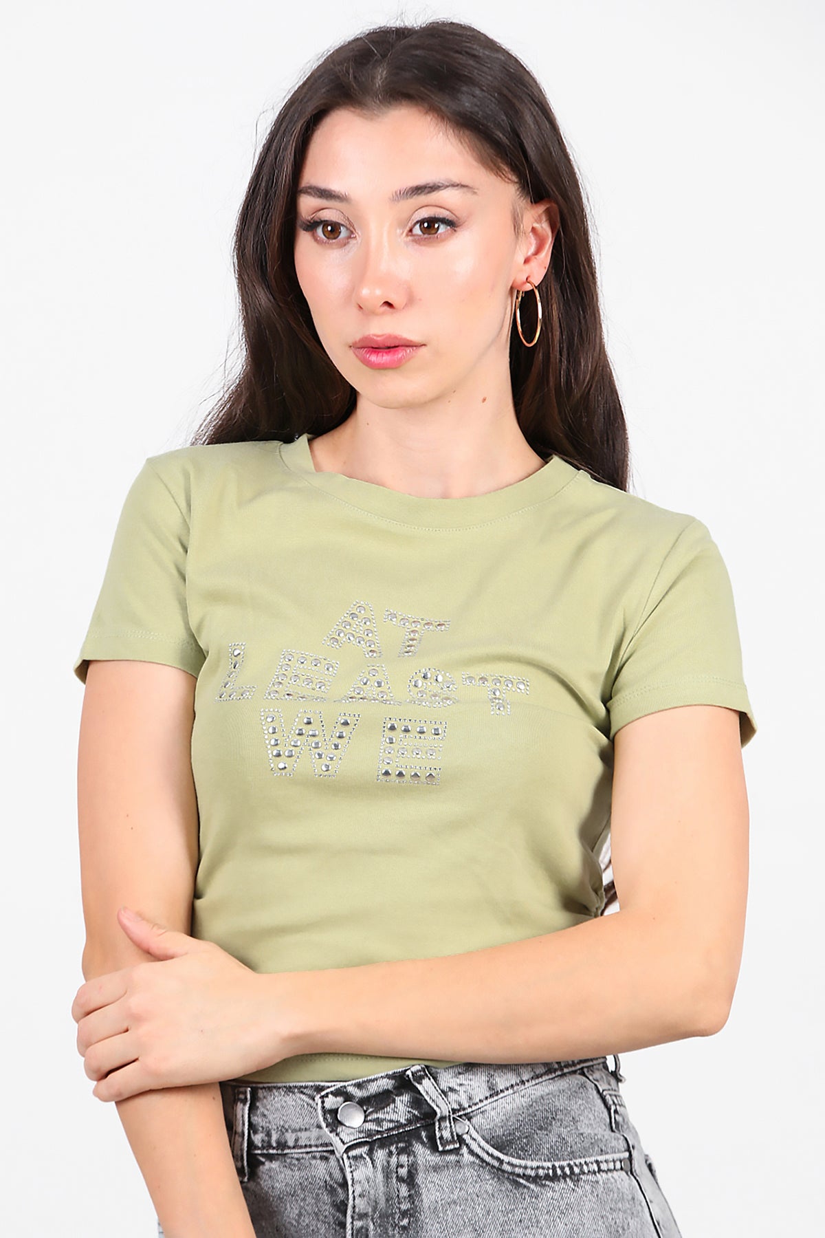 Kadın Yan Büzgülü Taş İşlemeli T-Shirt Haki