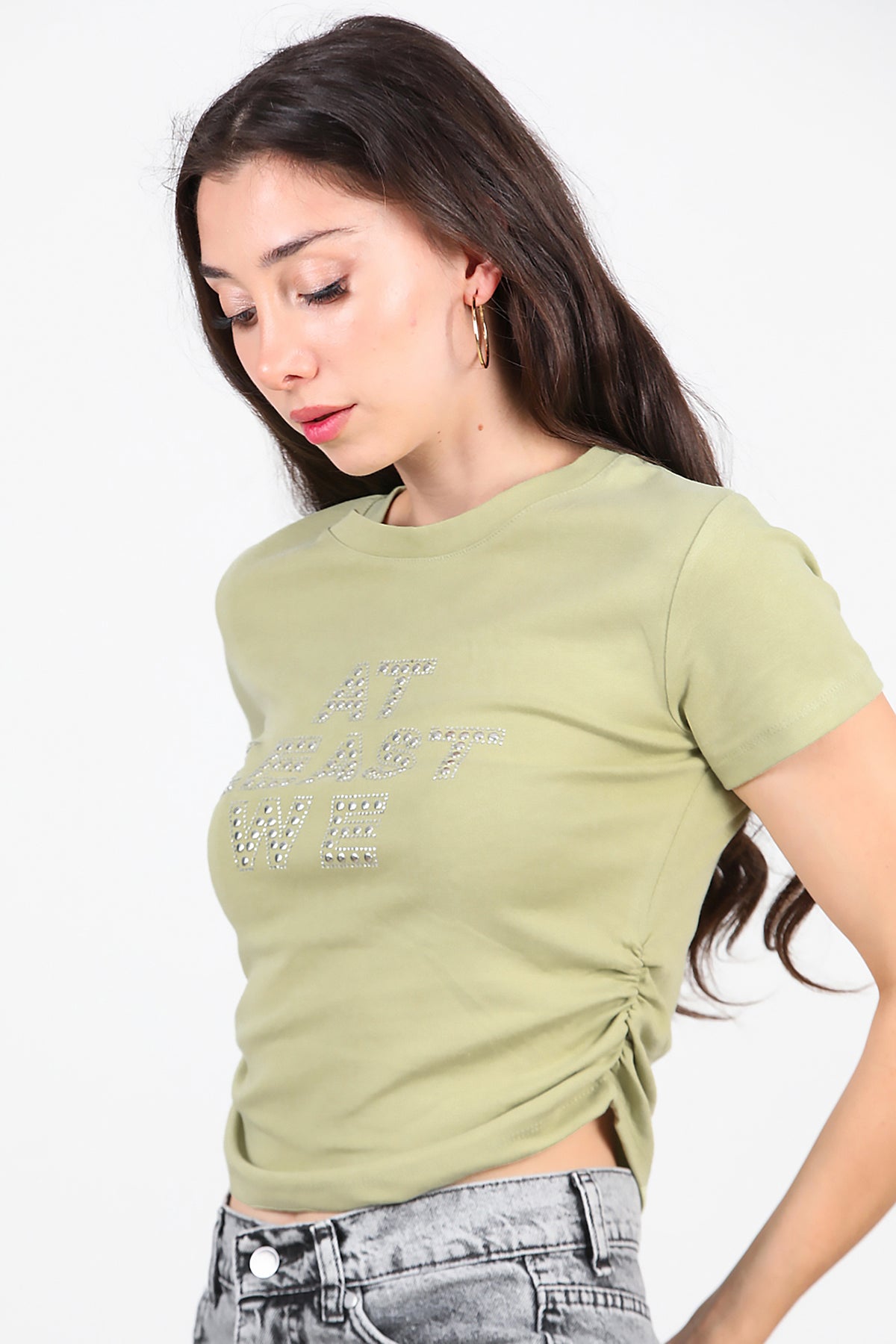 Kadın Yan Büzgülü Taş İşlemeli T-Shirt Haki