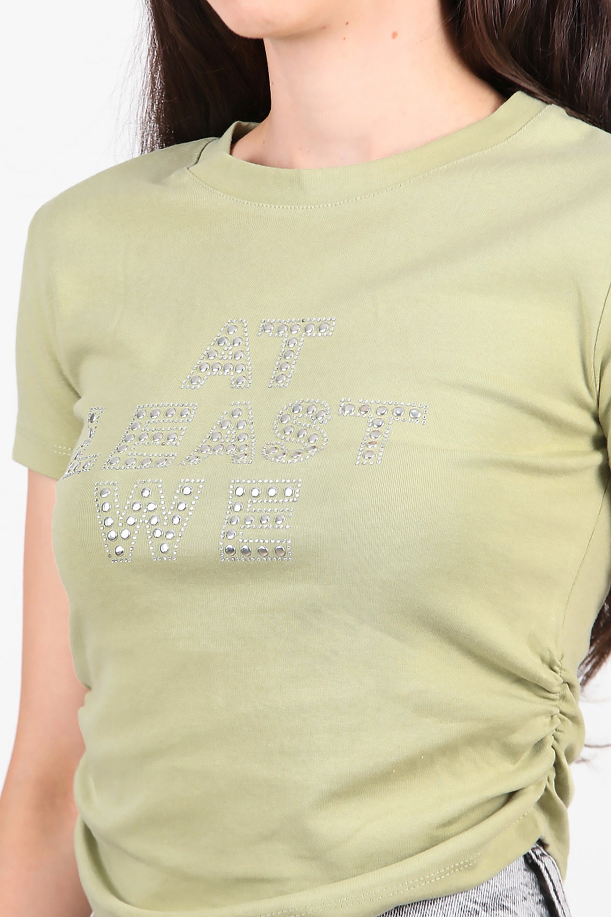 Kadın Yan Büzgülü Taş İşlemeli T-Shirt Haki