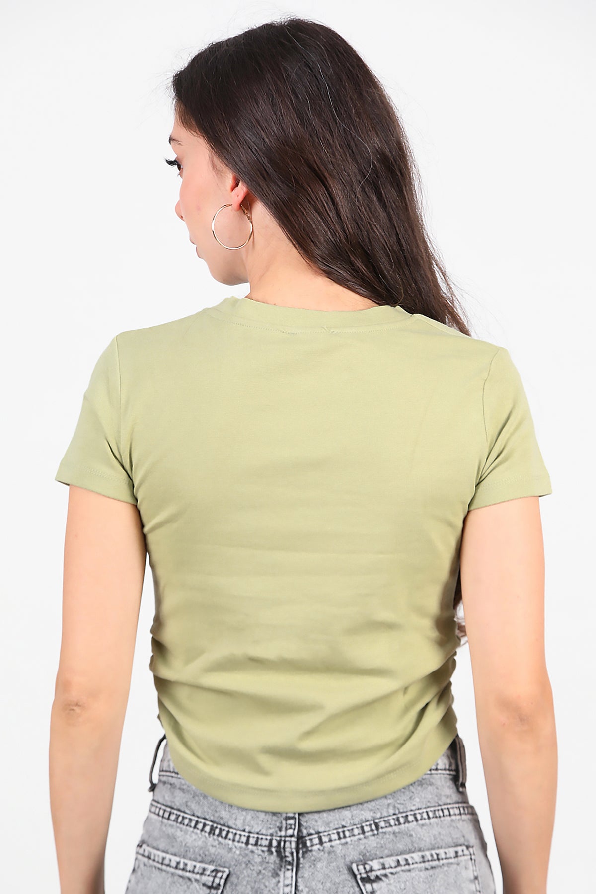 Kadın Yan Büzgülü Taş İşlemeli T-Shirt Haki
