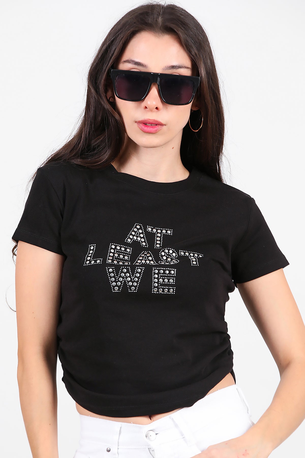 Kadın Yan Büzgülü Taş İşlemeli T-Shirt Siyah
