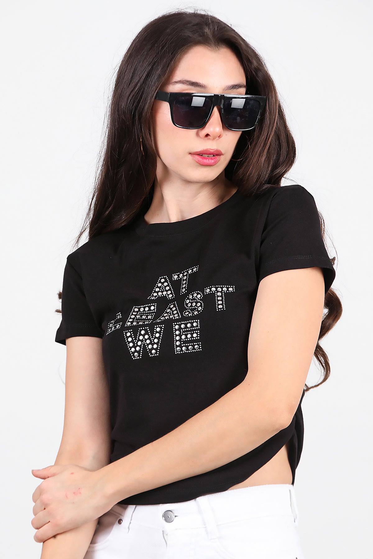 Kadın Yan Büzgülü Taş İşlemeli T-Shirt Siyah