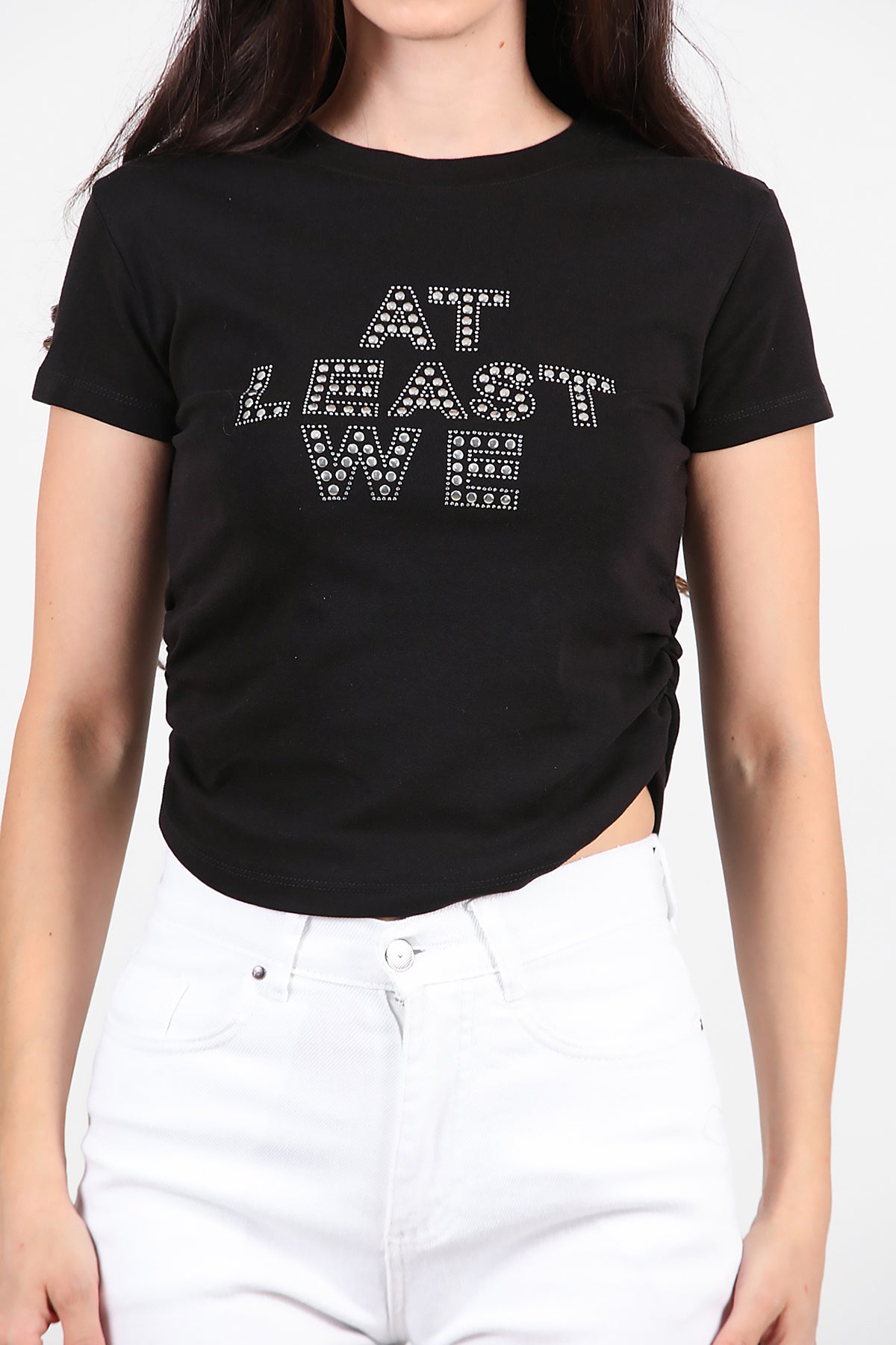 Kadın Yan Büzgülü Taş İşlemeli T-Shirt Siyah