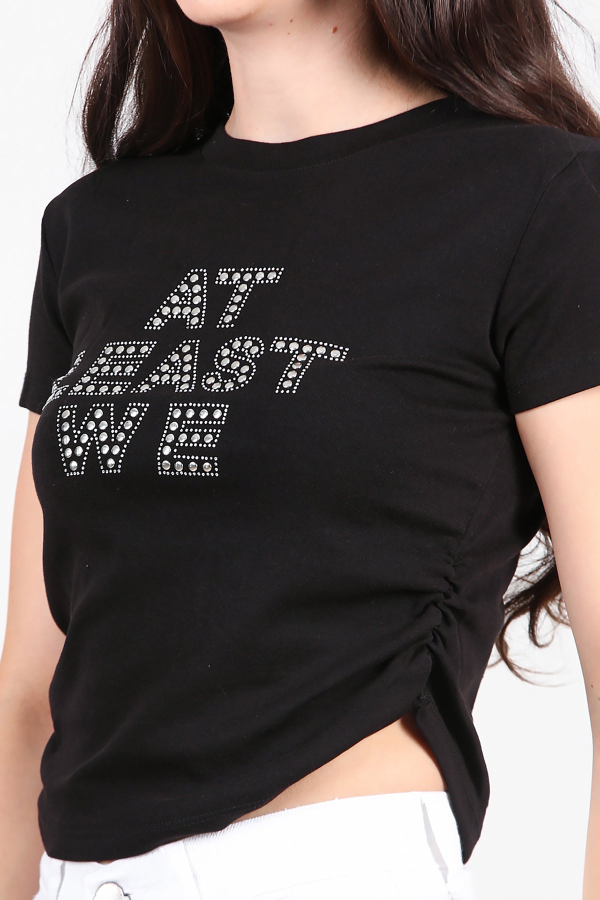 Kadın Yan Büzgülü Taş İşlemeli T-Shirt Siyah