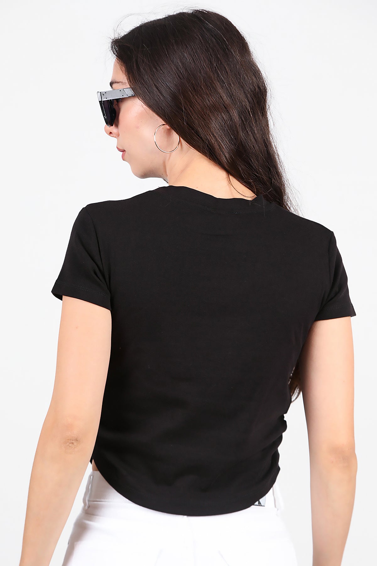 Kadın Yan Büzgülü Taş İşlemeli T-Shirt Siyah