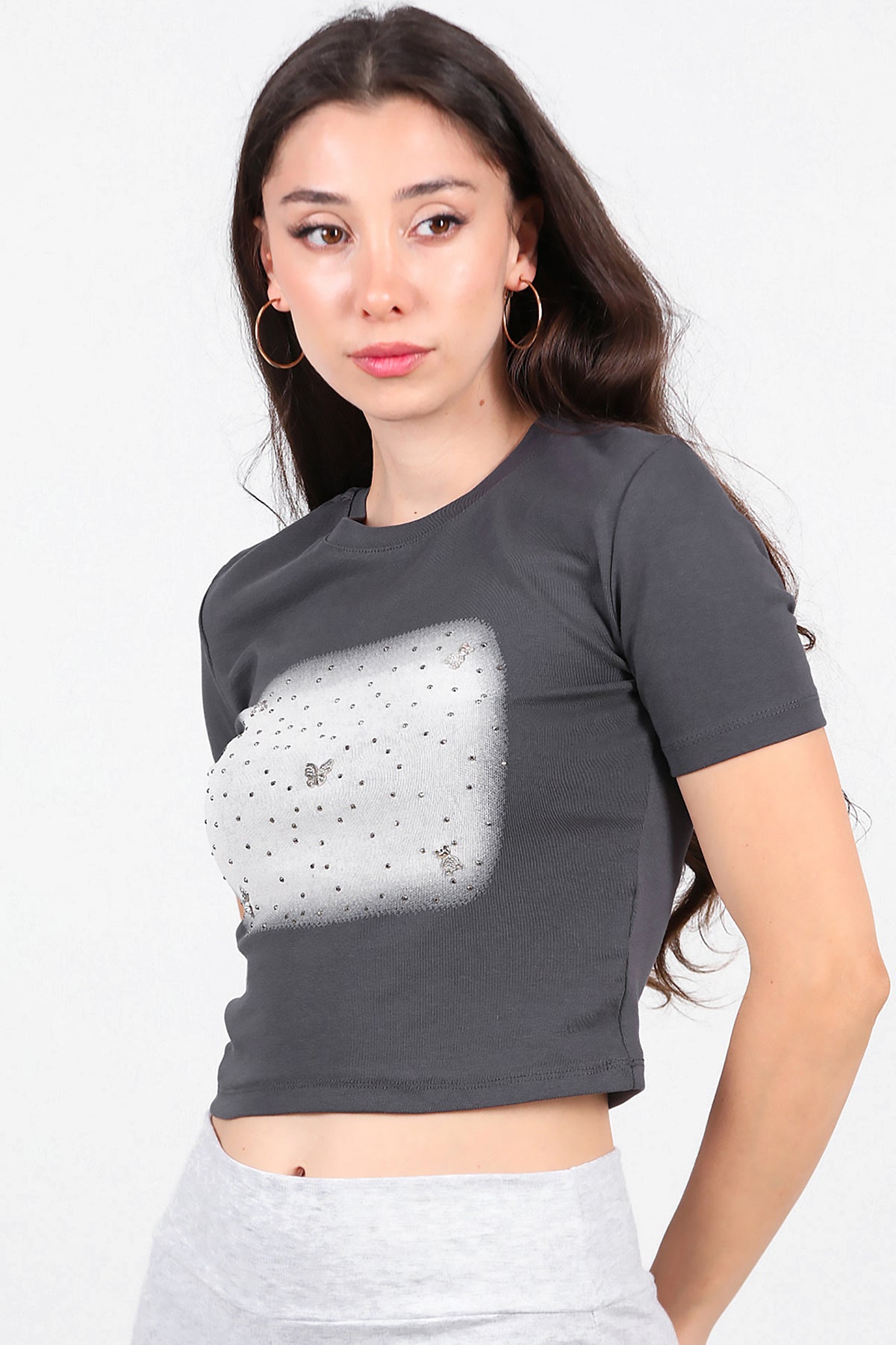 Kadın Taş Baskılı T-Shirt Füme