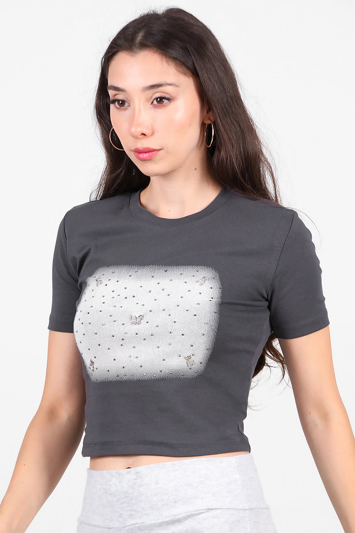 Kadın Taş Baskılı T-Shirt Füme