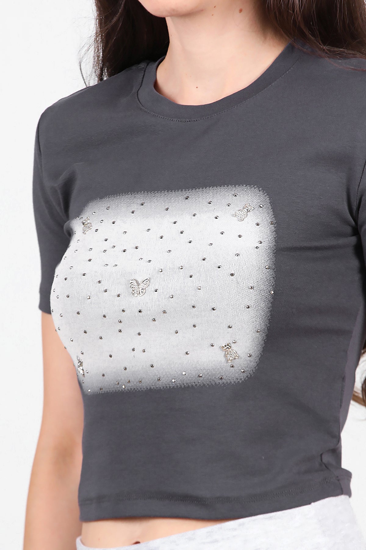 Kadın Taş Baskılı T-Shirt Füme