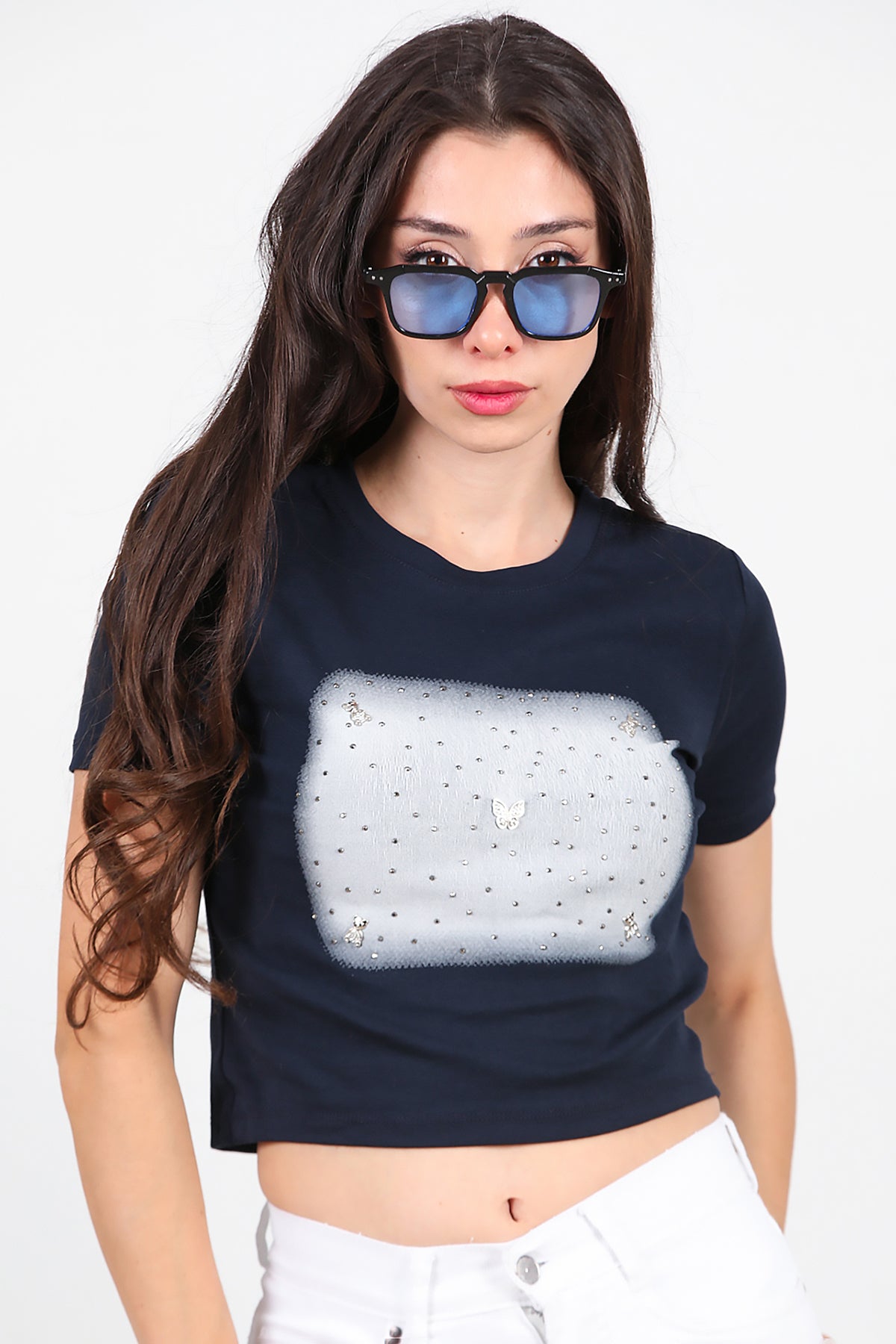 Kadın Taş Baskılı T-Shirt Lacivert