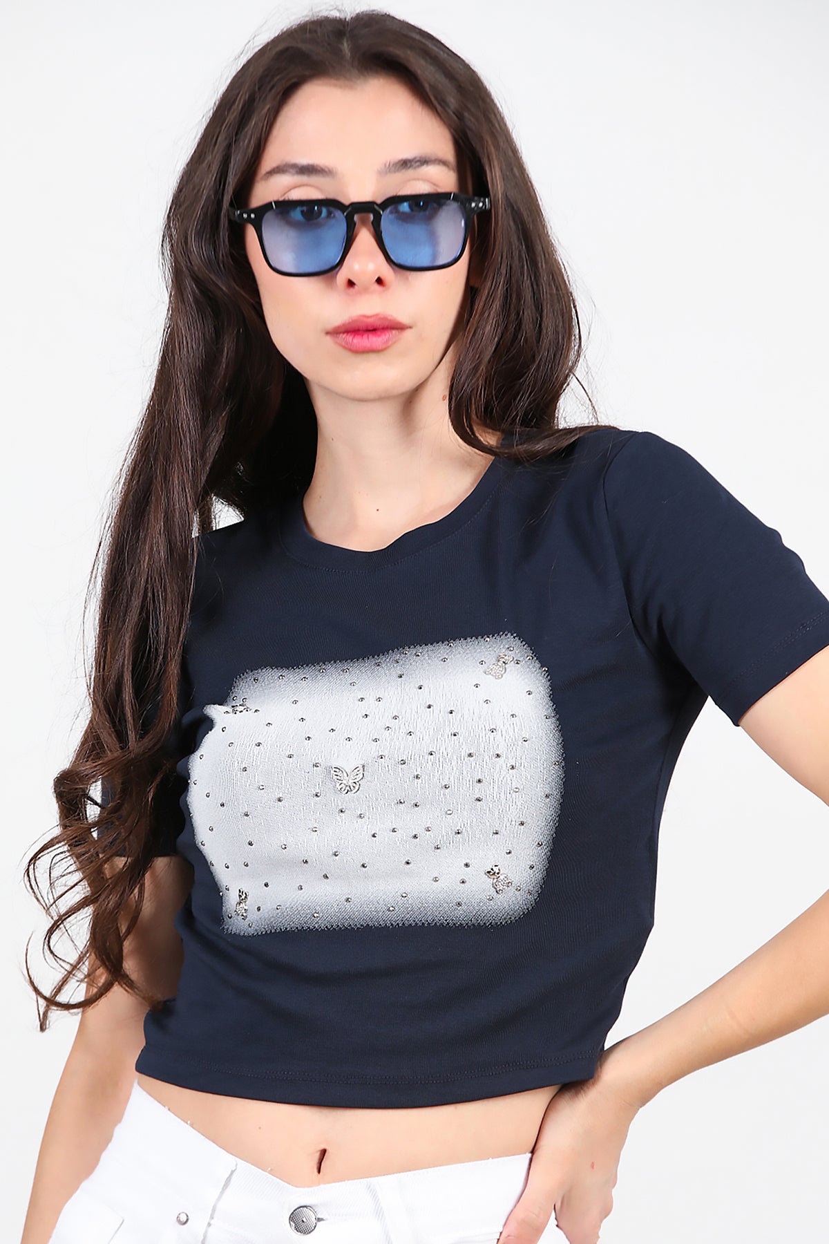 Kadın Taş Baskılı T-Shirt Lacivert
