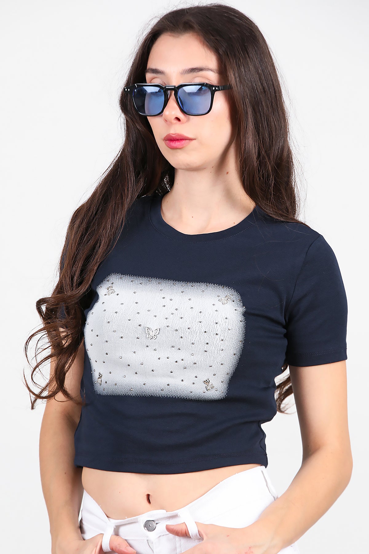 Kadın Taş Baskılı T-Shirt Lacivert