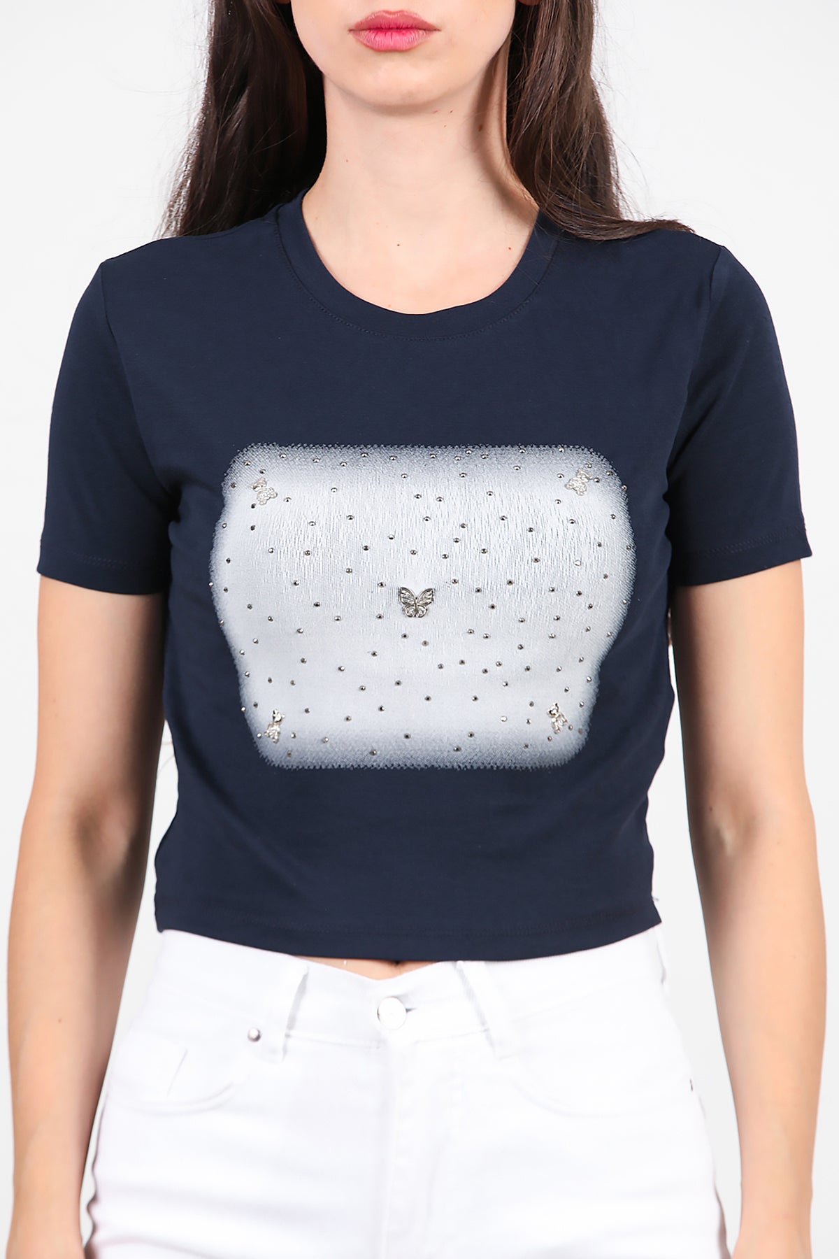 Kadın Taş Baskılı T-Shirt Lacivert