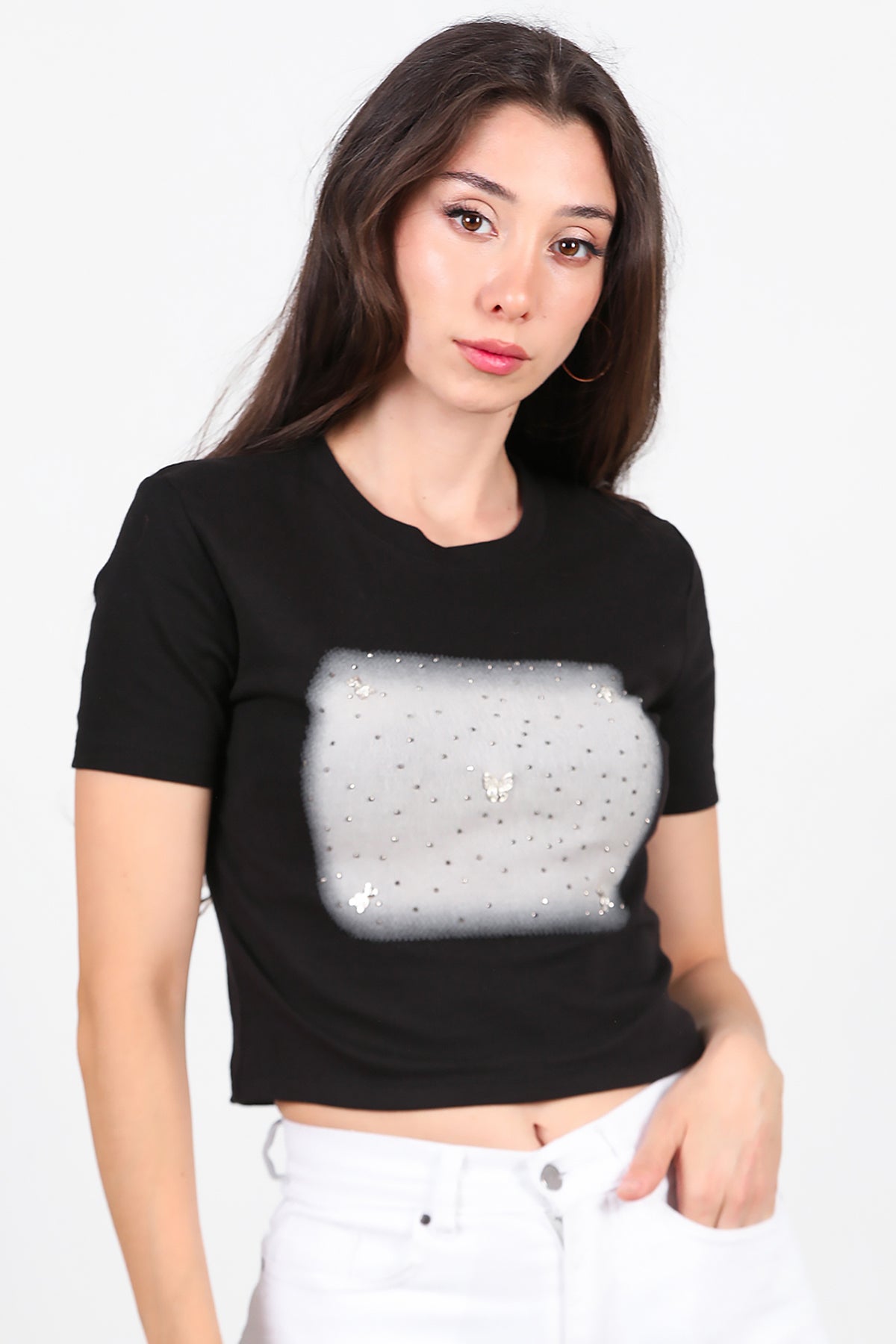 Kadın Taş Baskılı T-Shirt Siyah