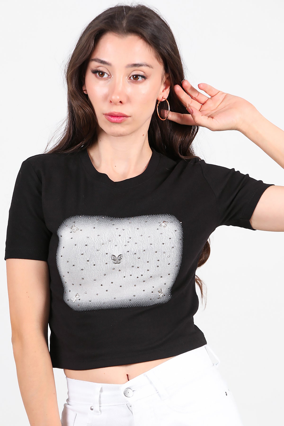 Kadın Taş Baskılı T-Shirt Siyah