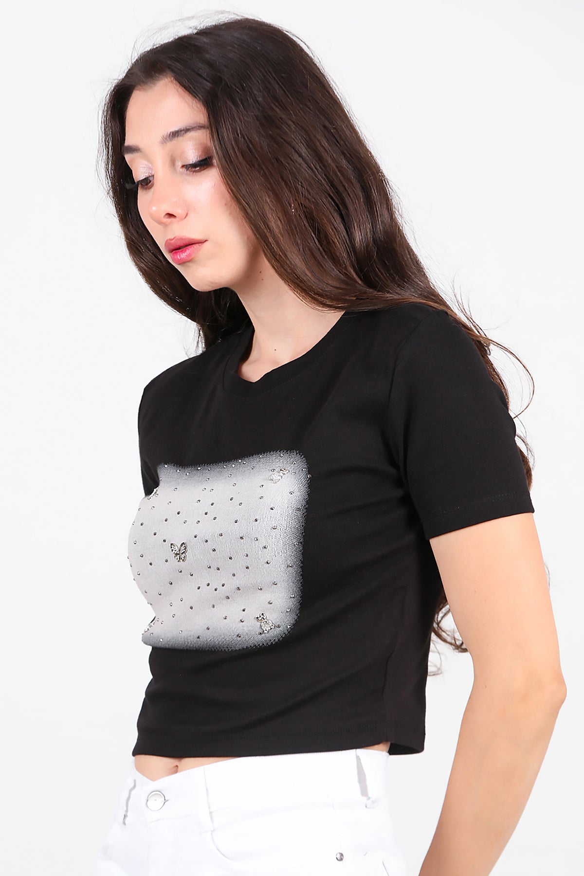 Kadın Taş Baskılı T-Shirt Siyah