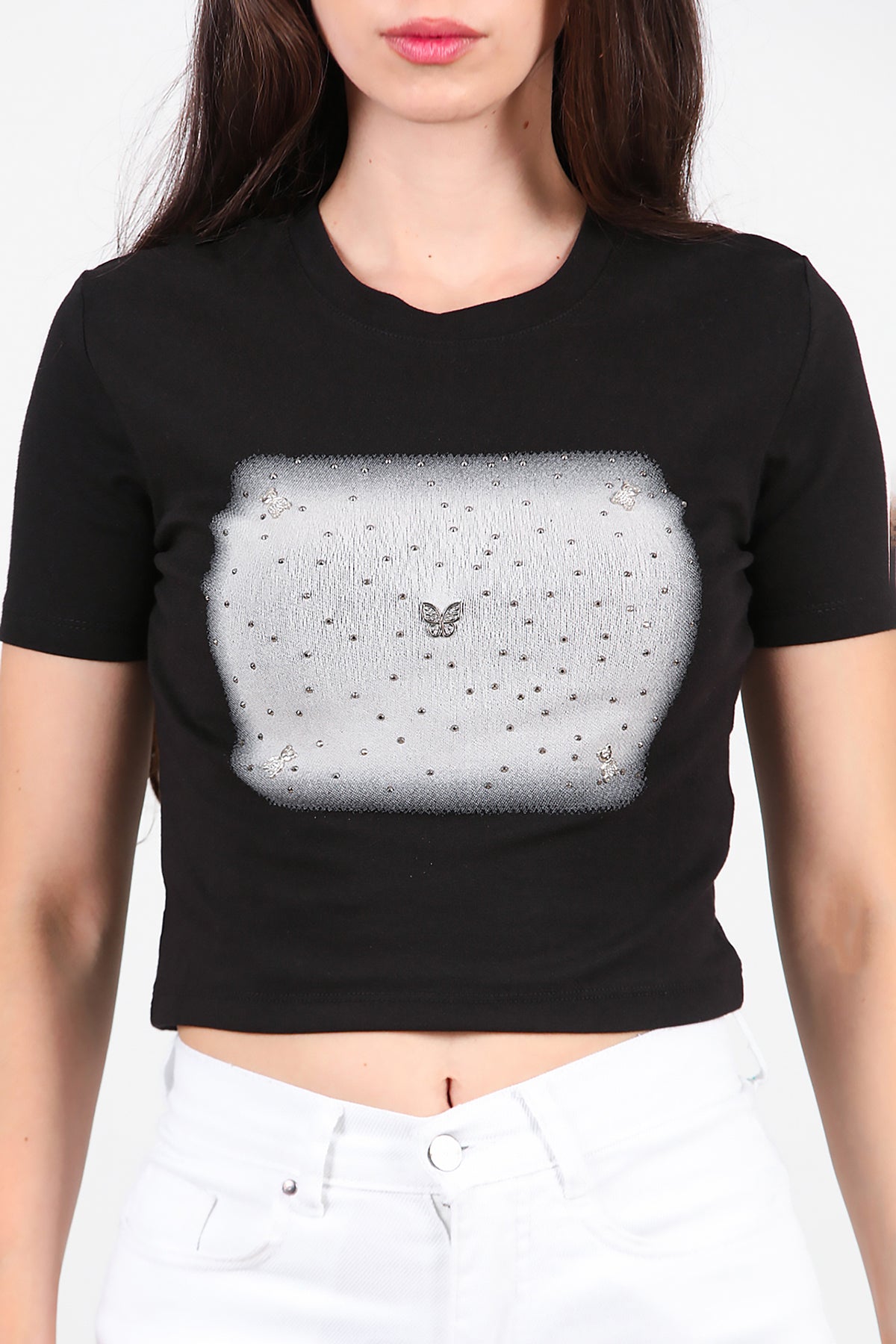 Kadın Taş Baskılı T-Shirt Siyah