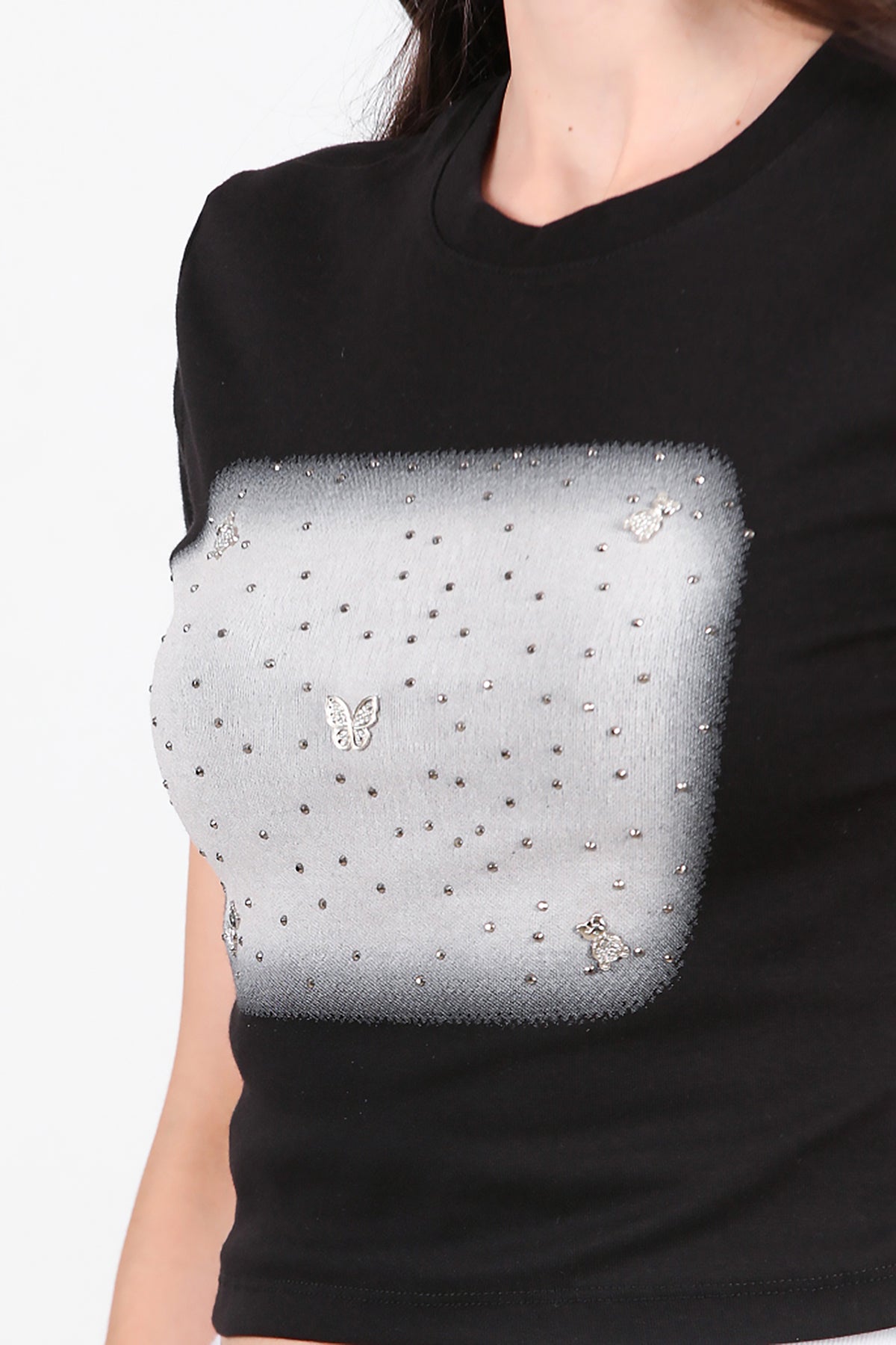 Kadın Taş Baskılı T-Shirt Siyah