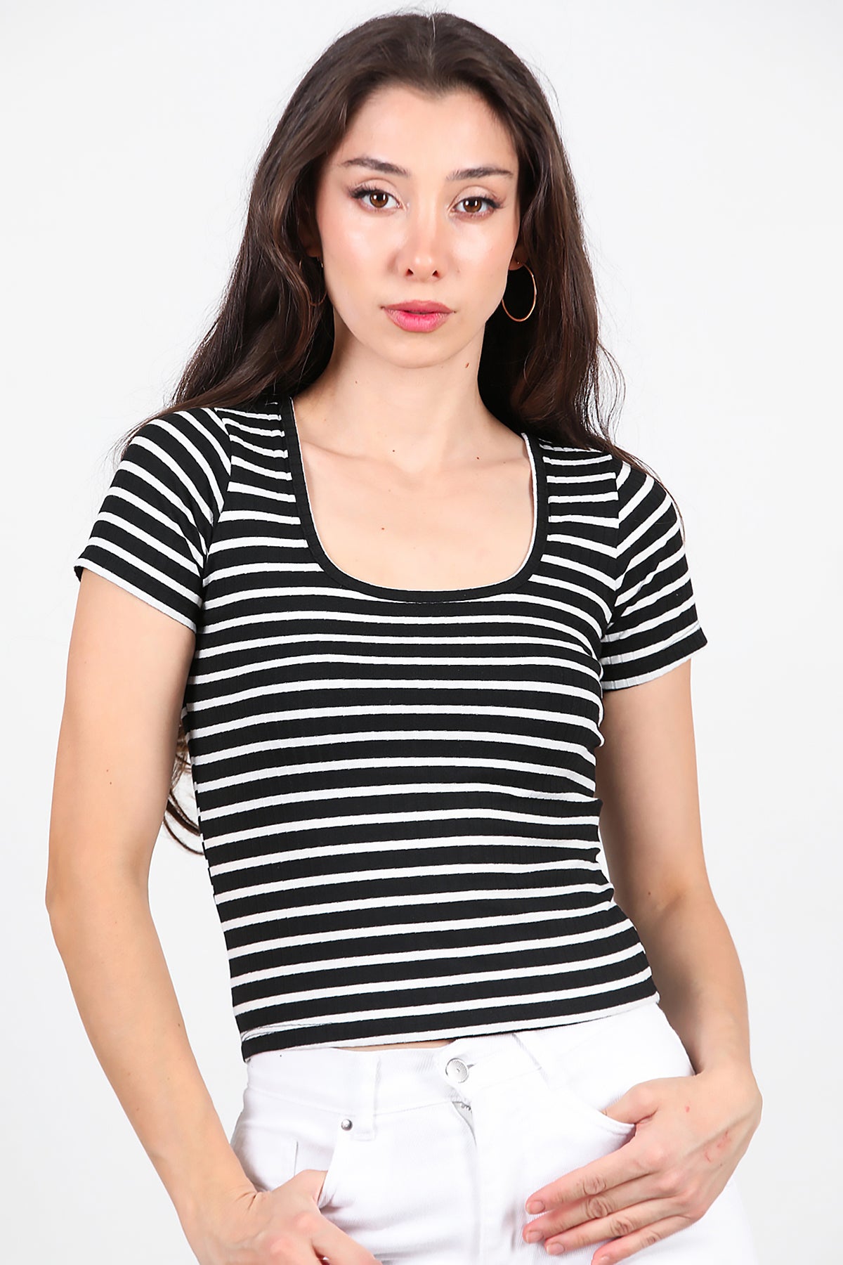 Kadın Kalın Çizgili T-Shirt Siyah